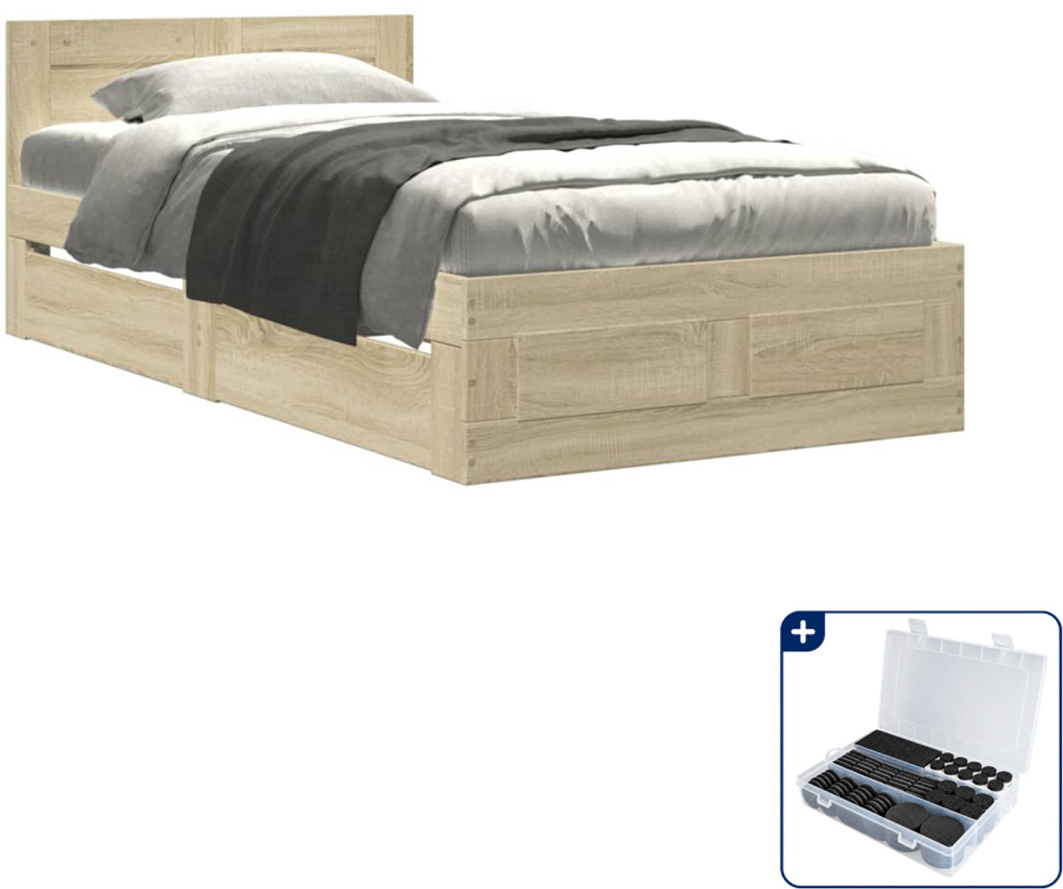 vidaXL bedframe met hoofdeinde - 90 x 190 cm - bewerkt hout - sonoma eiken - Inclusief antikrasvilt 177-delig Bruin