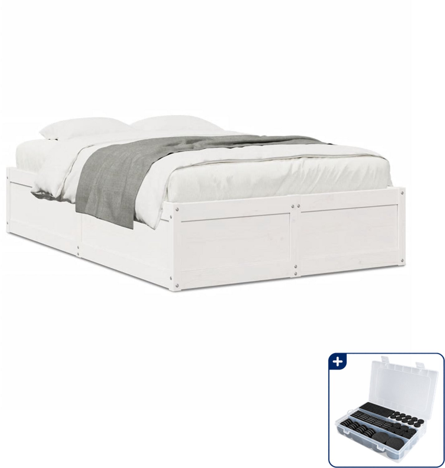 vidaXL Bedframe - 135 x 190 cm - massief grenenhout - wit - Inclusief antikrasvilt 177-delig Blauw
