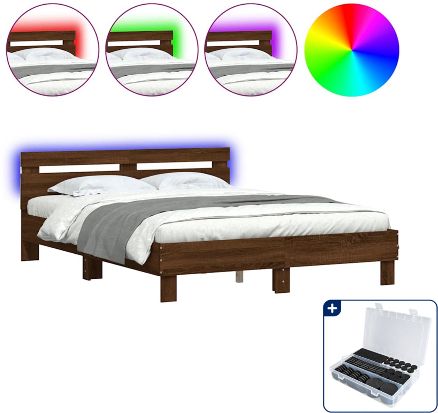 vidaXL Bedframe Small double - 140 x 200 cm - bruineiken - Inclusief antikrasvilt 177-delig Zwart