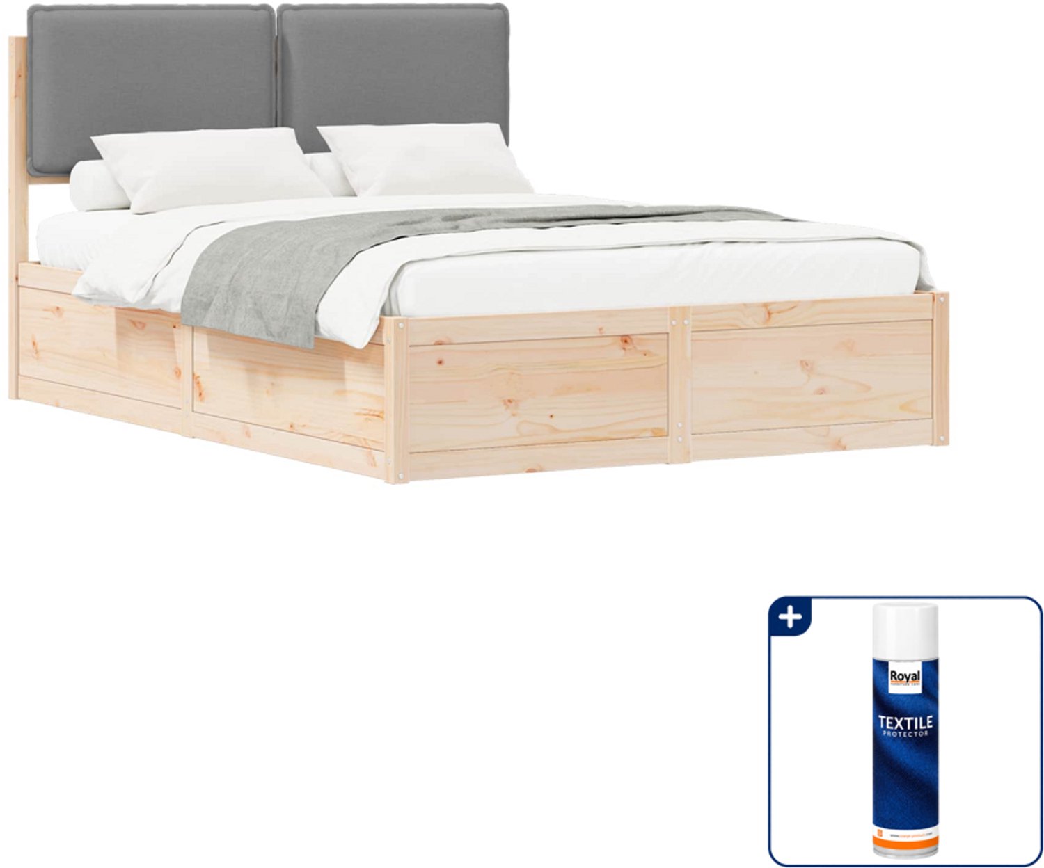 vidaXL bedframe met hoofdbord - 135 x 190 cm - massief hout - lichtgrijs - Inclusief textielbeschermer 500 ml Blauw