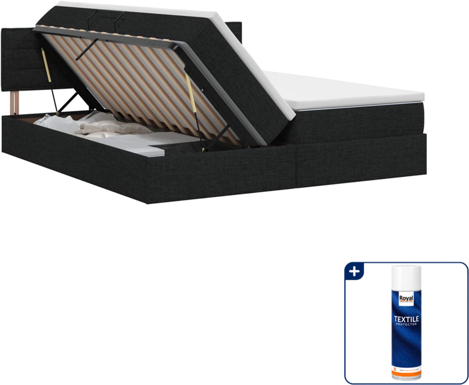 vidaXL Queensize opbergbed met matras - 160 x 200 cm - zwart - Inclusief textielbeschermer 500 ml