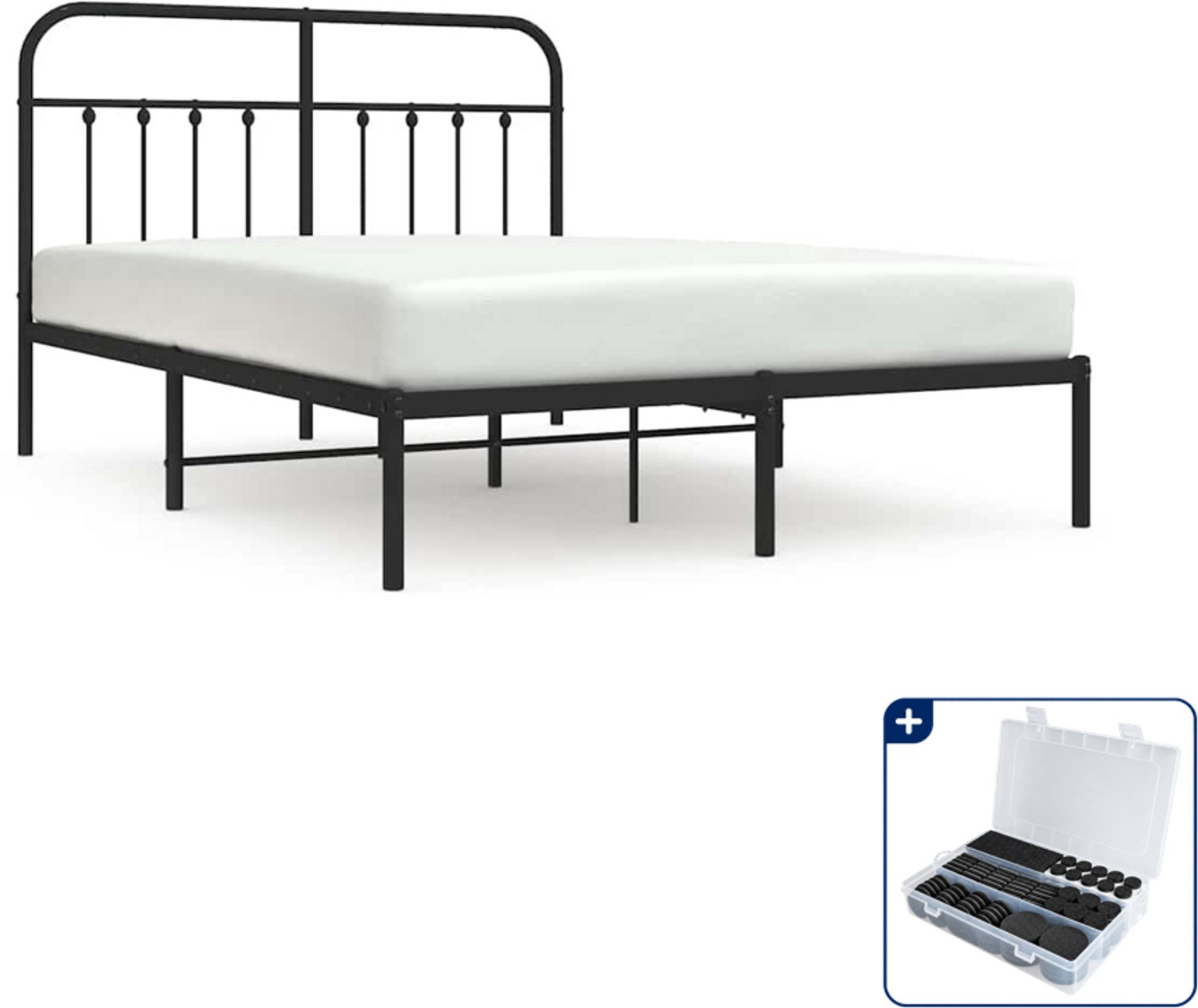vidaXL bedframe met hoofdbord - 140 x 190 cm - staal - zwart - Inclusief antikrasvilt 177-delig