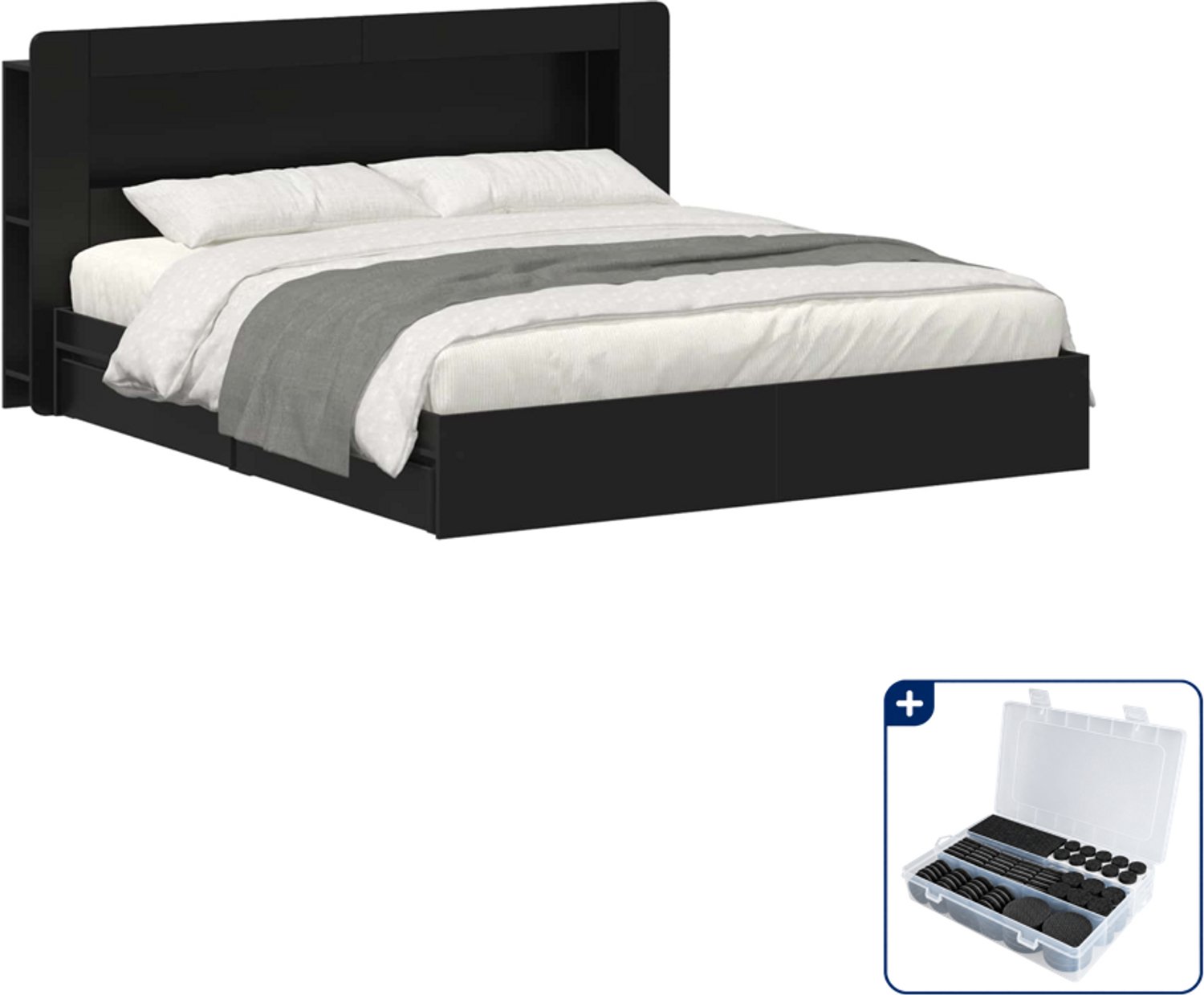 vidaXL bedframe met opslag - 200 x 200 cm - bewerkt hout - zwart - Inclusief antikrasvilt 177-delig