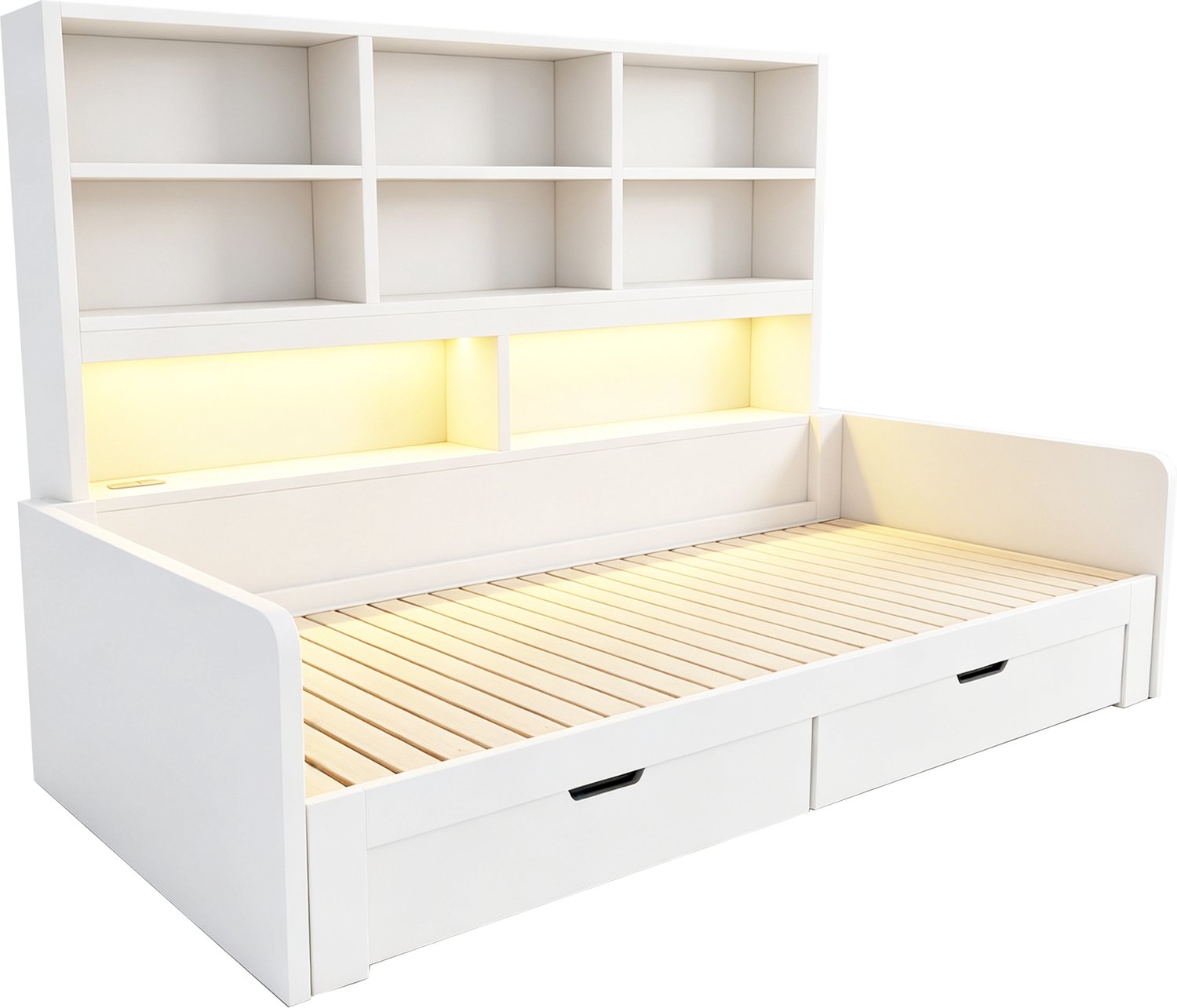 MUVANO Slaapbank - Uitschuifbaar bed van 90x200 naar 180x200 cm - MDF - Opbergruimte met twee lades - Ledverlichting en stopcontacten - Tienerkamer - Wit