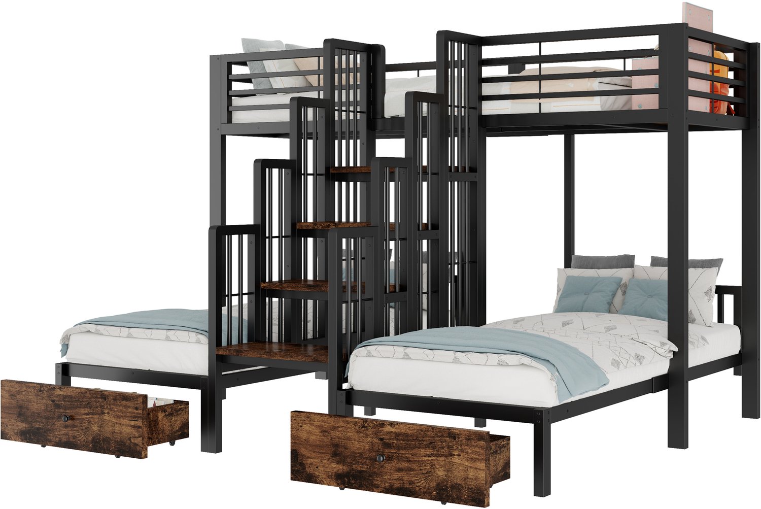 MUVANO Stapelbed voor 3 personen - Metalen kinderbed 90 x 200 cm - Centrale trap, twee opberglades en uitvalbeveiliging - Kinder- en logeerkamer - Zwart