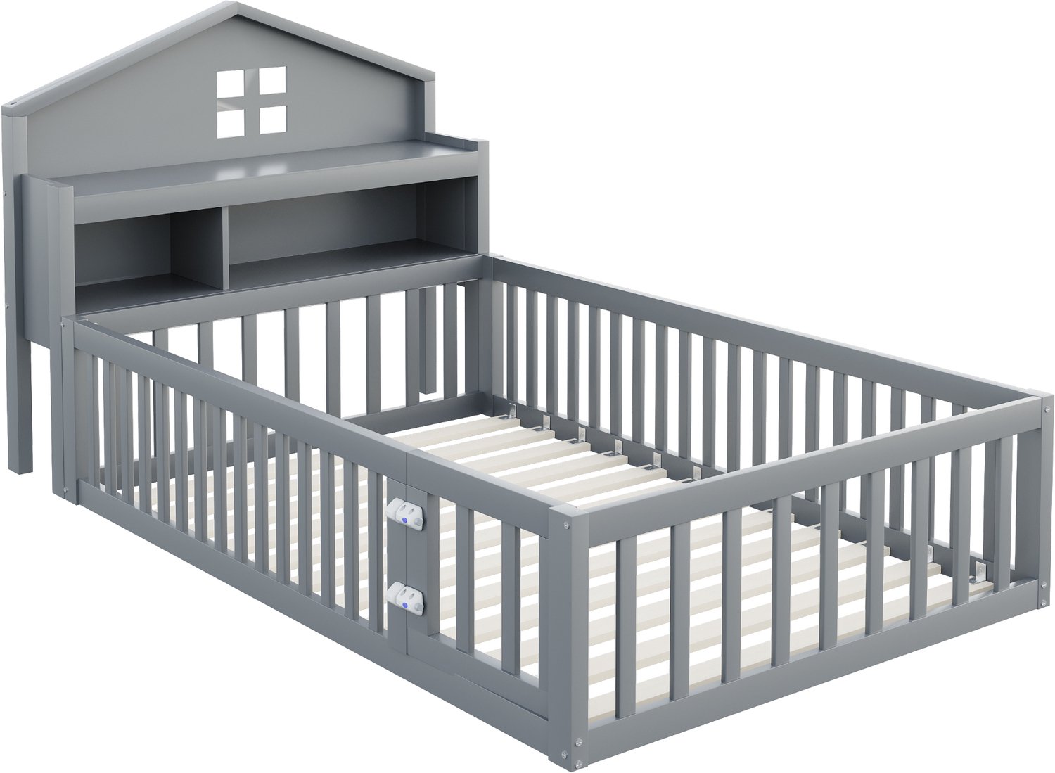 MUVANO Kinderbed - Grijs huisbed 90x200 - Vloerbed van massief grenen - Met opbergruimte, krijtbord, hekje en deurtje - Inclusief lattenbodem