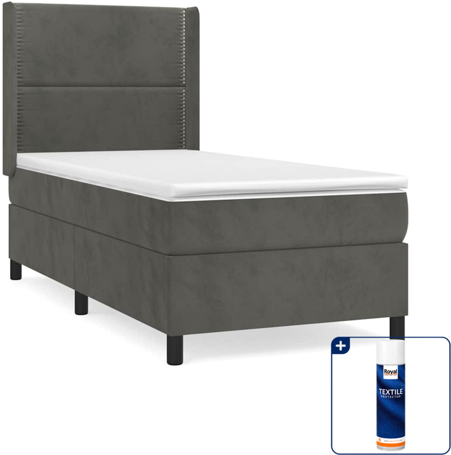 vidaXL boxspring met matras - 90 x 190 cm - fluweel - donkergrijs - Inclusief textielbeschermer 500 ml