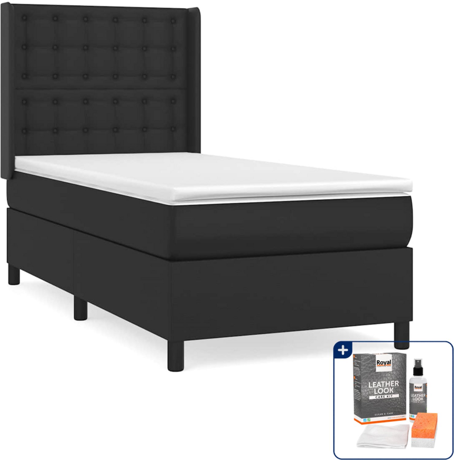 vidaXL boxspring met matras - 90 x 200 cm - kunstleer - zwart - Inclusief onderhoudsset voor kunstleer 150 ml