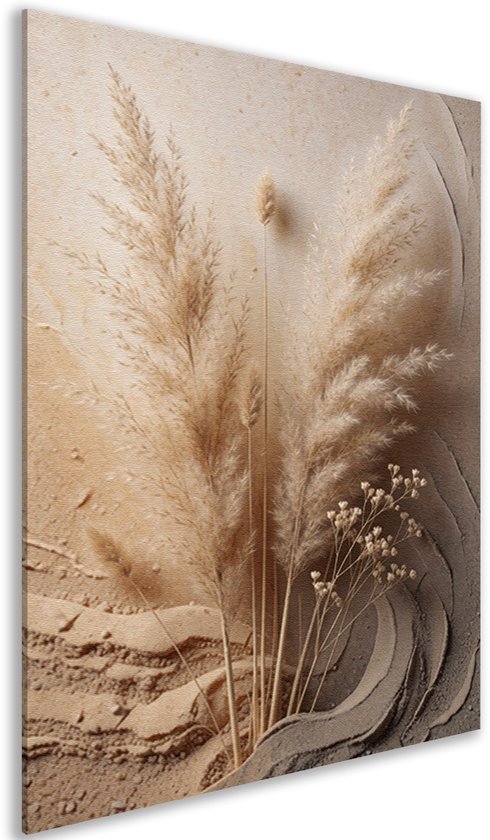 Close-up schuine aanzicht van beige canvas schilderij met pampasgras en gedroogde bloemen op reliëf achtergrond.