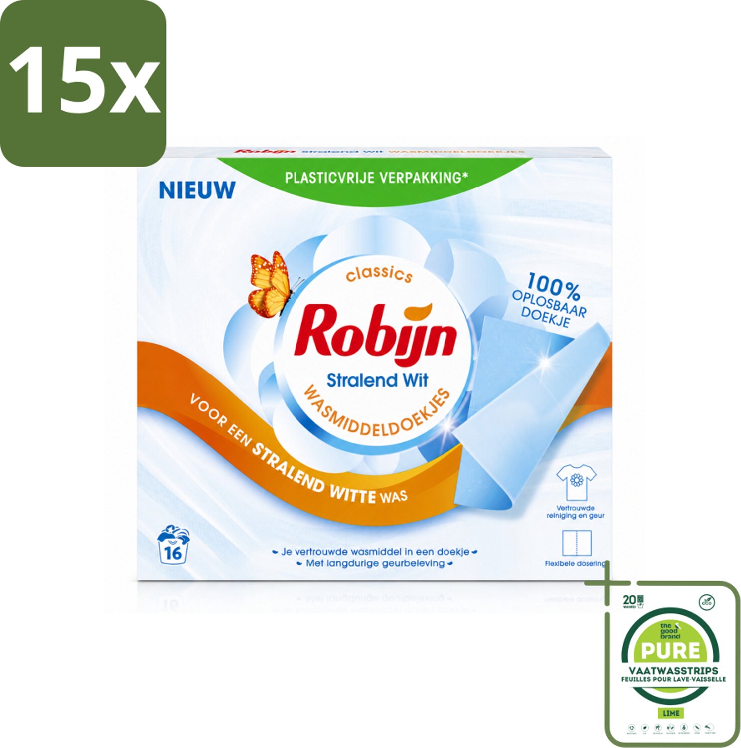 15 x Robijn Classics - Stralend Wit - Wasmiddeldoekjes - 16 Wasstrips - Grootverpakking - Vaatwasstrips - Wasmiddeldoekjes - Stralend Wit - Wasdoekjes - Robijn - Wasverzachter