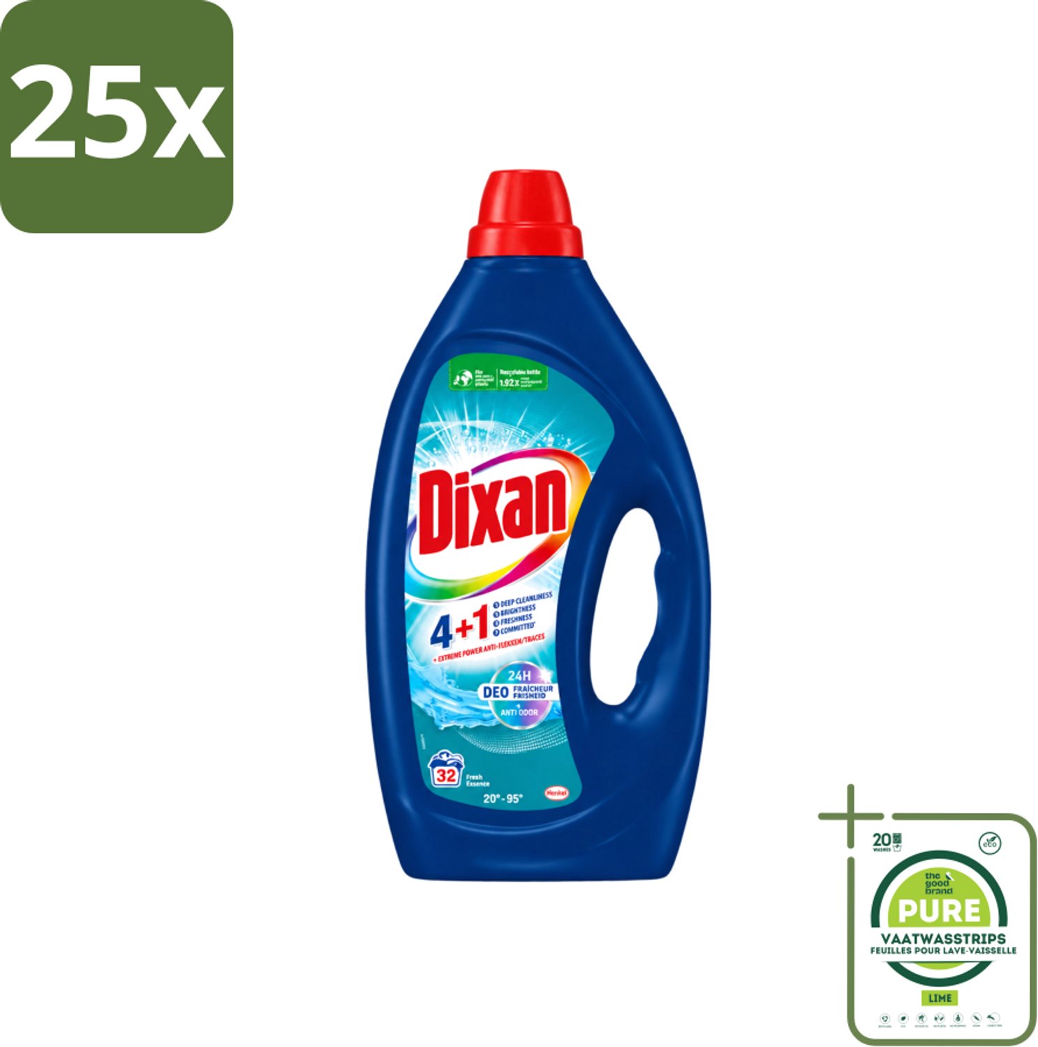 25 x Dixan - Vloeibaar wasmiddel - Fresh Blue - 32 wasbeurten - Grootverpakking - Vaatwasstrips - Vloeibaar Wasmiddel - Frisse Geur - Vlekverwijdering - Wasmiddel Voor Kleding - Anti-geur