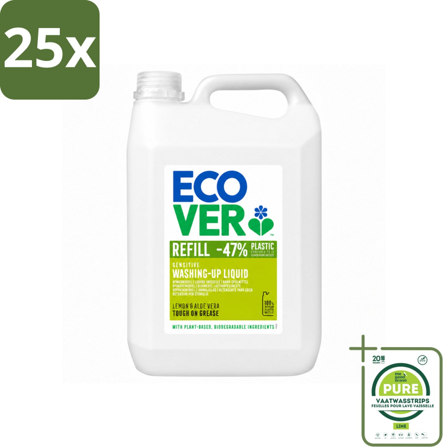 25 x Ecover - Afwasmiddel - Citroen & Aloë Vera - 5 liter - Grootverpakking - Vaatwasstrips - Afwasmiddel Citroen Aloë Vera - Plantaardig Afwasmiddel - Duurzaam Afwassen - Zero Waste Afwasmiddel - Biologisch Afbreekbaar
