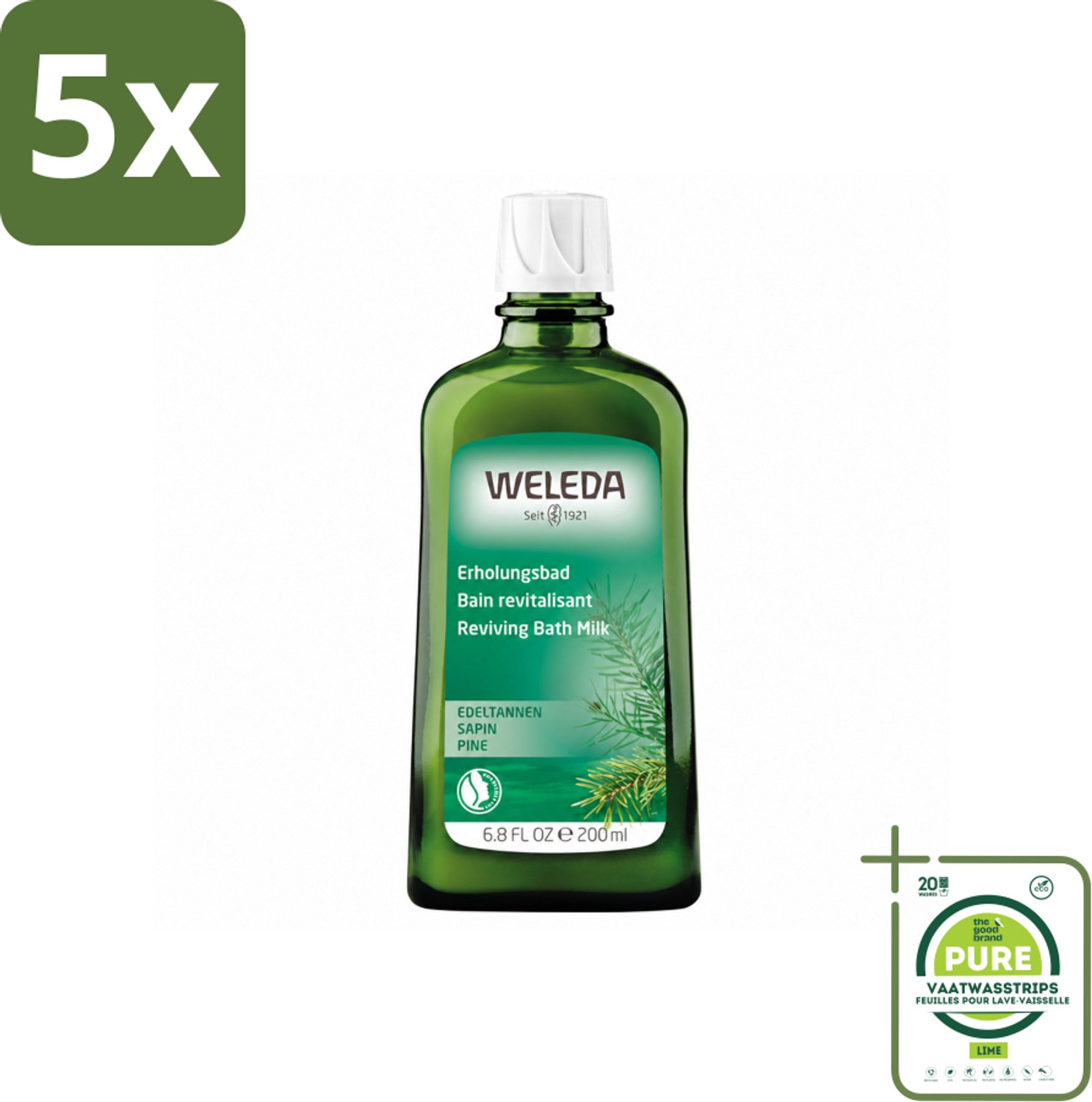 5 x WELEDA - Verkwikkingsbadmelk - Zilverspar - 200 ml - Grootverpakking - Vaatwasstrips - Badmelk - Ontspanning - Zilversparolie - Aromatherapie - Verkwikkend