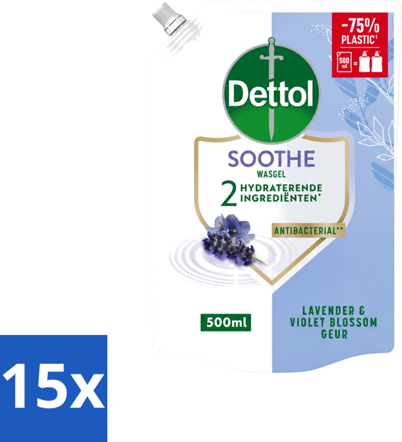 15 x Dettol - Handzeep Navulling - Soothe - Lavendel & Vioolbloesem - 500 ml - Voordeelverpakking - 15 stuks