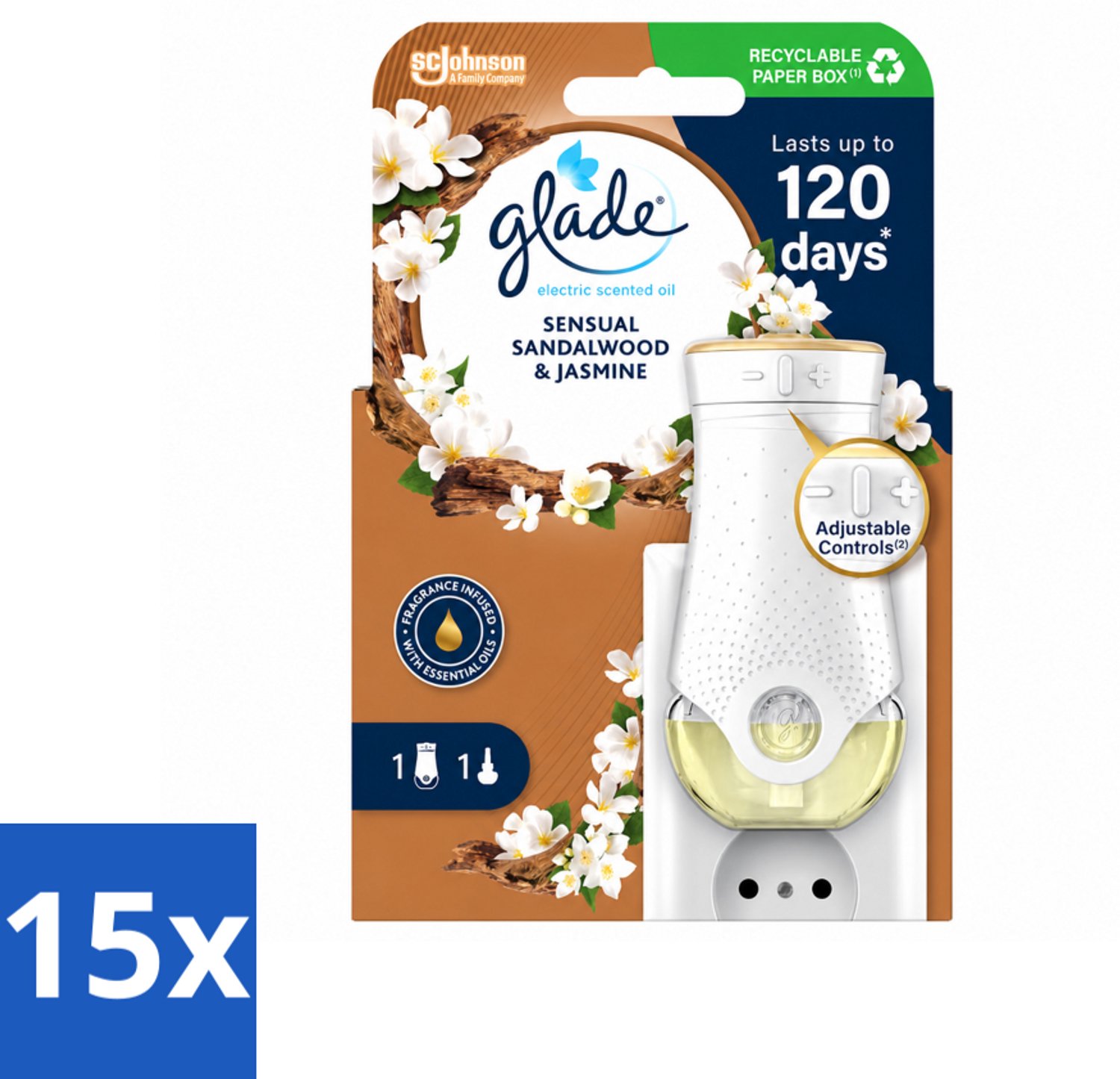 15 x Glade - Houder Elektrische Olie - Sensual Sandelhout Jasmijn - Voordeelverpakking - 15 stuks