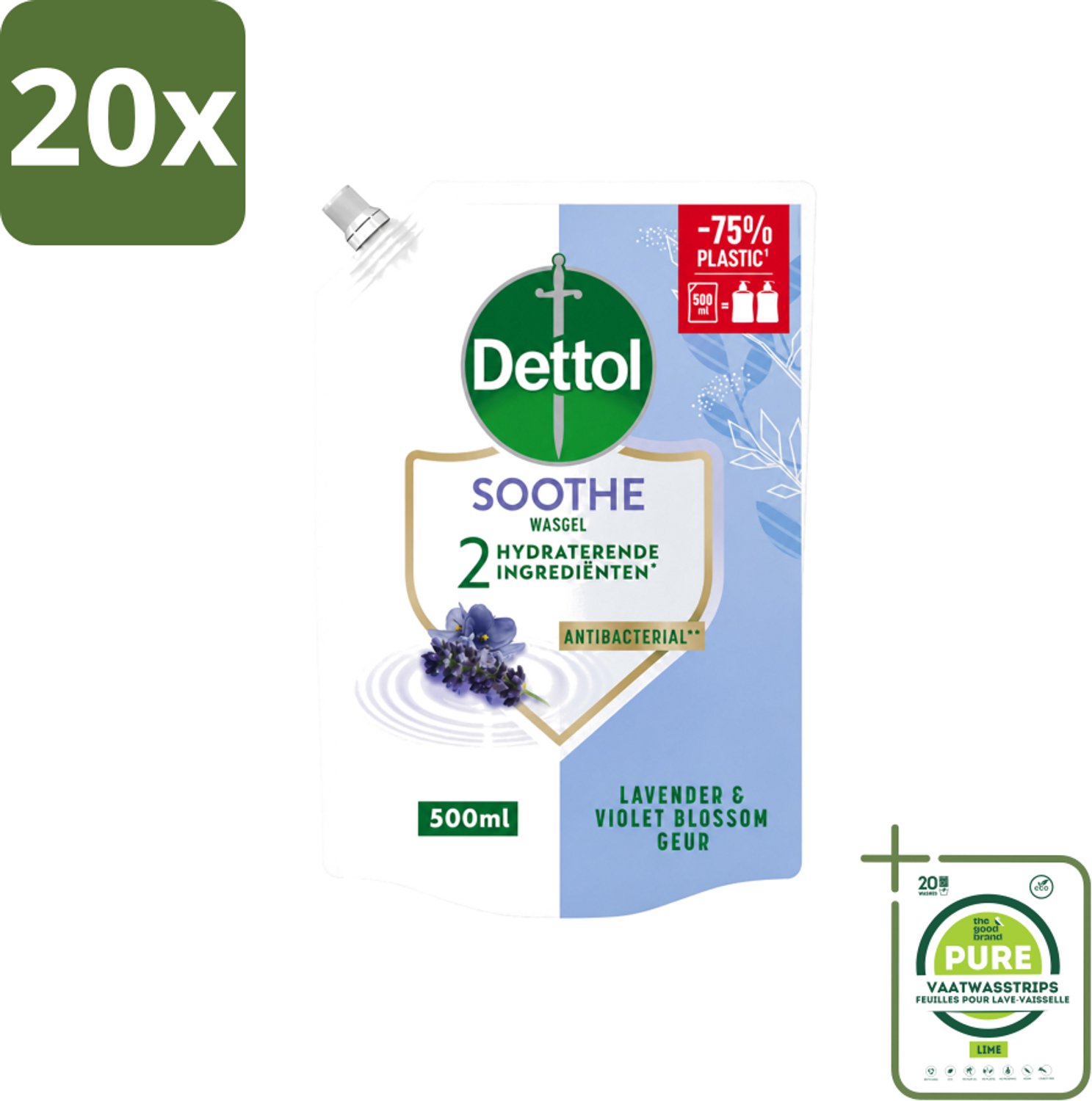 20 x Dettol - Handzeep Navulling - Soothe - Lavendel & Vioolbloesem - 500 ml - Grootverpakking - Vaatwasstrips - Handwas - Handhygiëne - Handverzorging - Antibacterieel - Lavendel