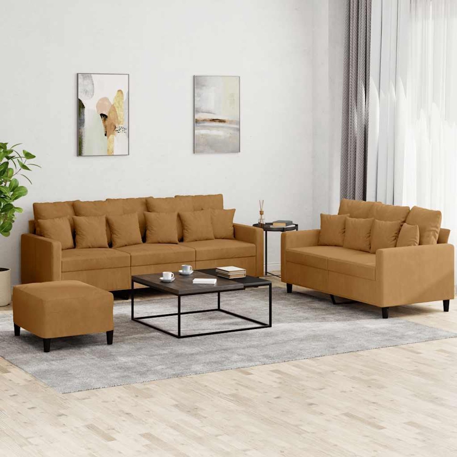 3-delige bankset met kussen in bruin fluweel, comfortabele gestoffeerde meubelset met voetenbank, zachte velours zitset voor woonkamer, robuust frame van multiplex en metaal