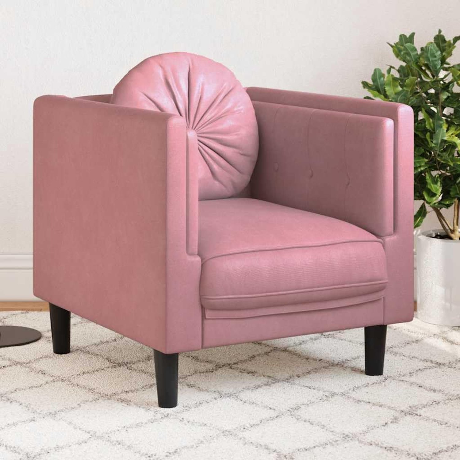 Fauteuil met kussen, roze fluweel, zitmeubel voor woonkamer, comfortabele gestoffeerde stoel met gevoerde armleuningen en rugleuning, modern design
