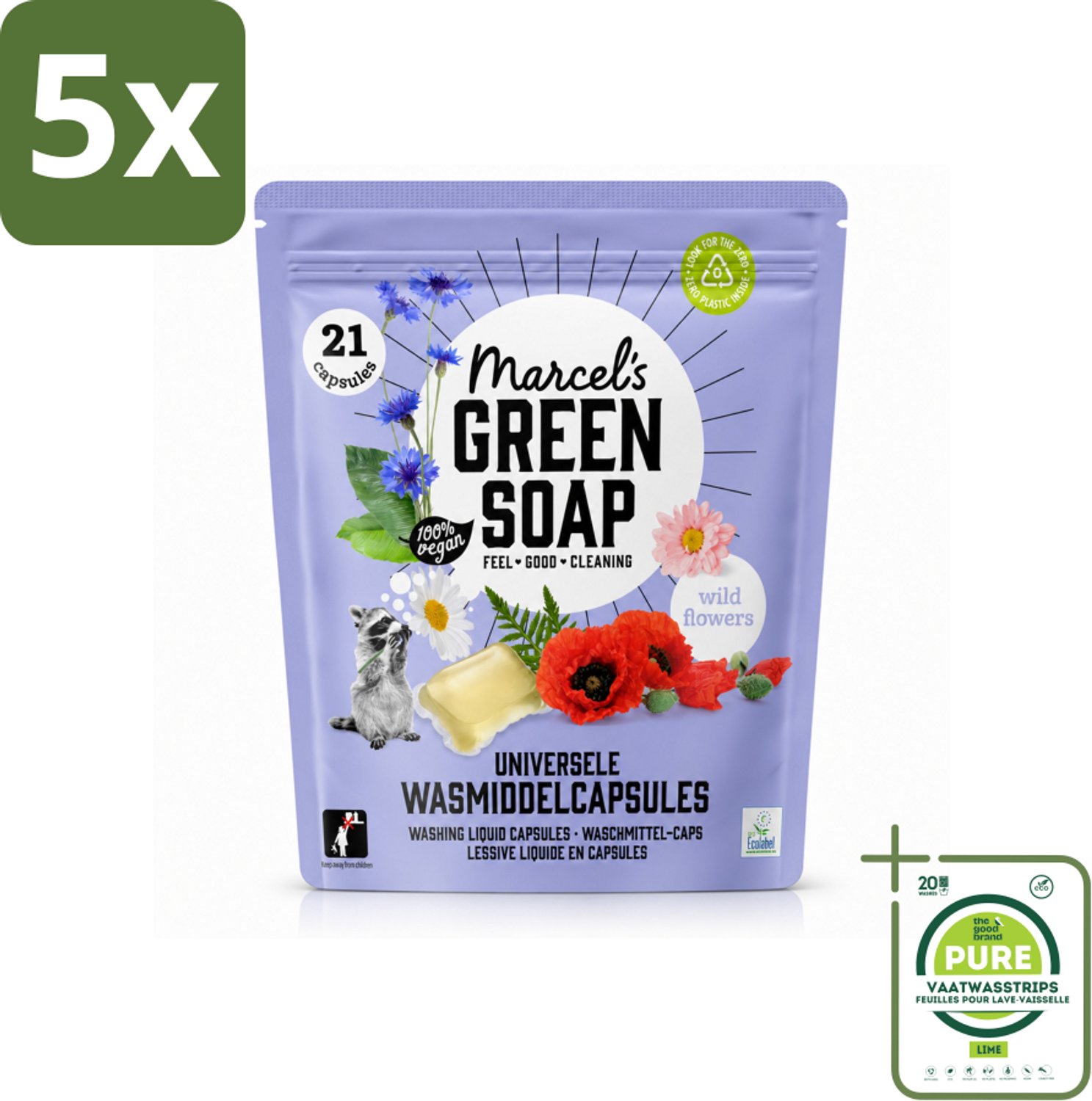 5 x Marcel's Green Soap - Wascapsules - Wilde Bloemen - Gemak in één dosis - 21 Capsules - Grootverpakking - Vaatwasstrips - Wascapsules - Wasgoed Reinigen - Natuurlijke Geur - Vegan Zeep - Milieuvriendelijk Wassen