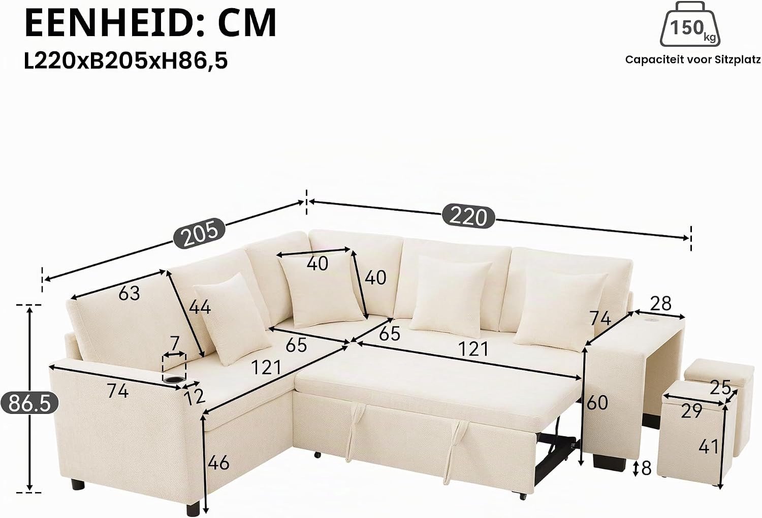 Hoekbank met slaapfunctie, uittrekbare slaapbank met opbergruimte, USB & USB-C, bekerhouder, omkeerbare chaise longue, chenille, 5-zits voor woonkamer en thuisbioscoop, beige