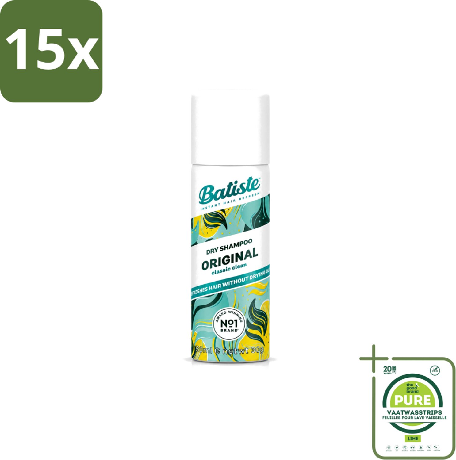 15 x Batiste - Classic Clean - Droogshampoo - Koele en Schone Geur - Verfrist en Geeft Grip - 50ml - Grootverpakking - Vaatwasstrips - Fris Haar - Droogshampoo - Haarkleur - Haartype - Haarspray