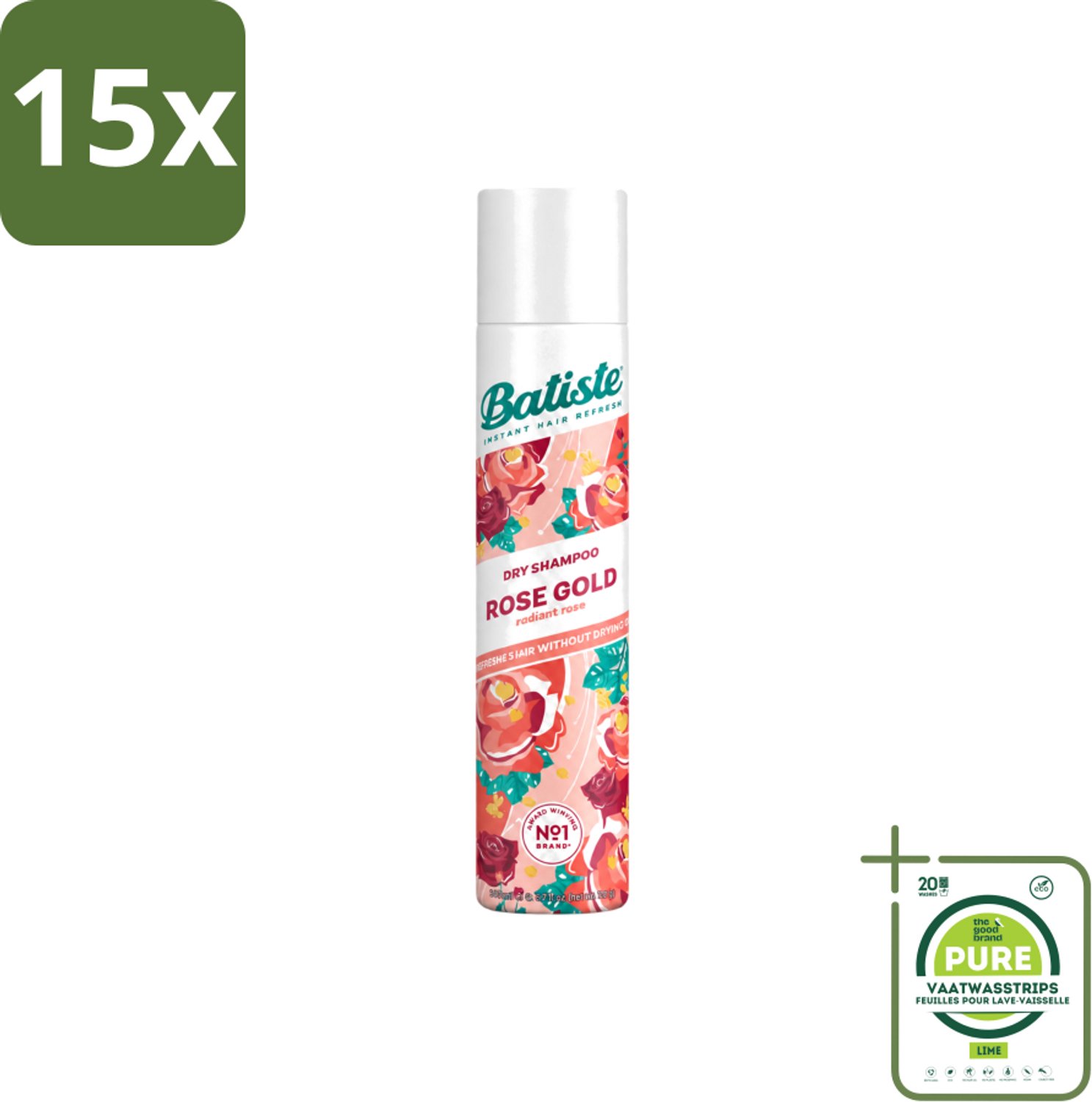 15 x Batiste - Rose Gold - Droogshampoo - Zachte Rozengeur - Verfrist en Zorgt Voor Volume - 200ml - Grootverpakking - Vaatwasstrips - Droogshampoo - Haarverfrissing - Roze Geur - Volume Haar - Fris Haar