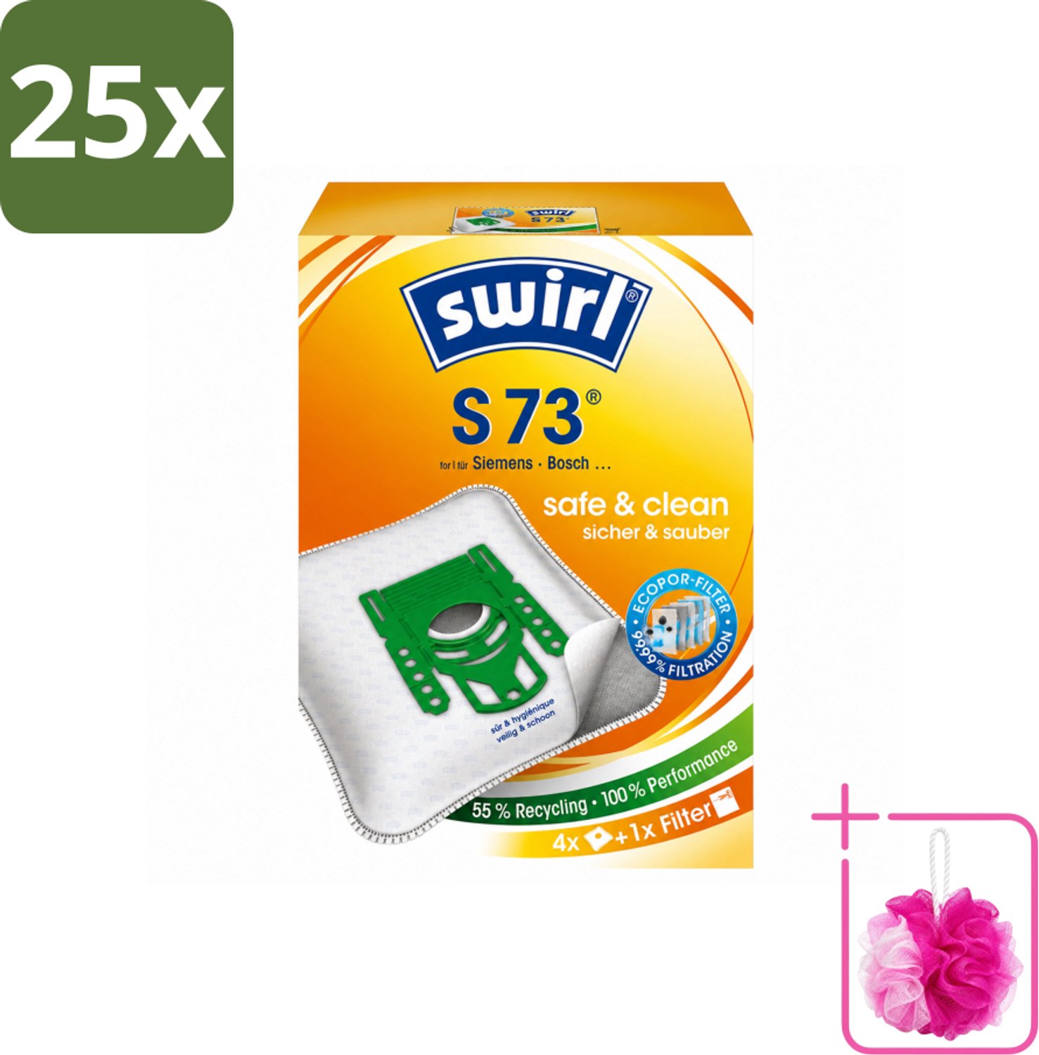 25 x Swirl – Stofzuigerzakken – S73 – 4 zakken - Bulkverpakking - Stofzuigerzakken - Douchemop - Zuigkracht