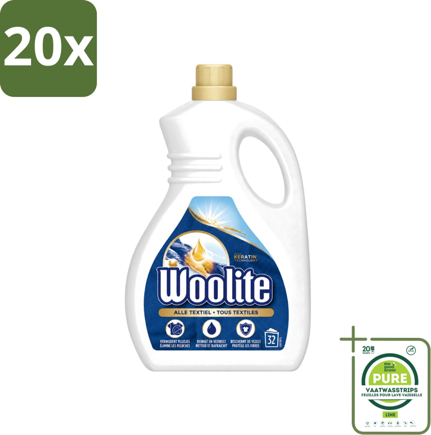 20 x Woolite Textile - Vloeibaar Wasmiddel - Met Keratine - Textiel Was - 32 Wasbeurten - 1,9L - Grootverpakking - Vaatwasstrips - Textiel Wasmiddel - Keratine Wasmiddel - Wasmiddel Voor Kleding - Wasmiddel Voor Textiel - Wasmiddel Met Keratine