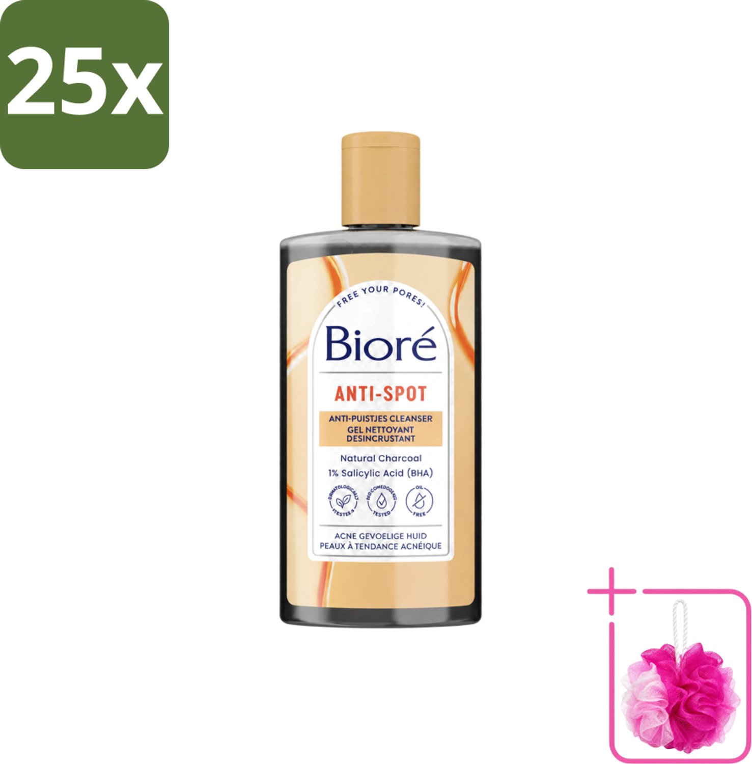 25 x Bioré – Houtskool Anti-Puistjes Reinigingsgel – Gezichtsreiniger – 200 ml - Bulkverpakking - Houtskool reinigingsgel - Douchemop - Puistjes voorkomen