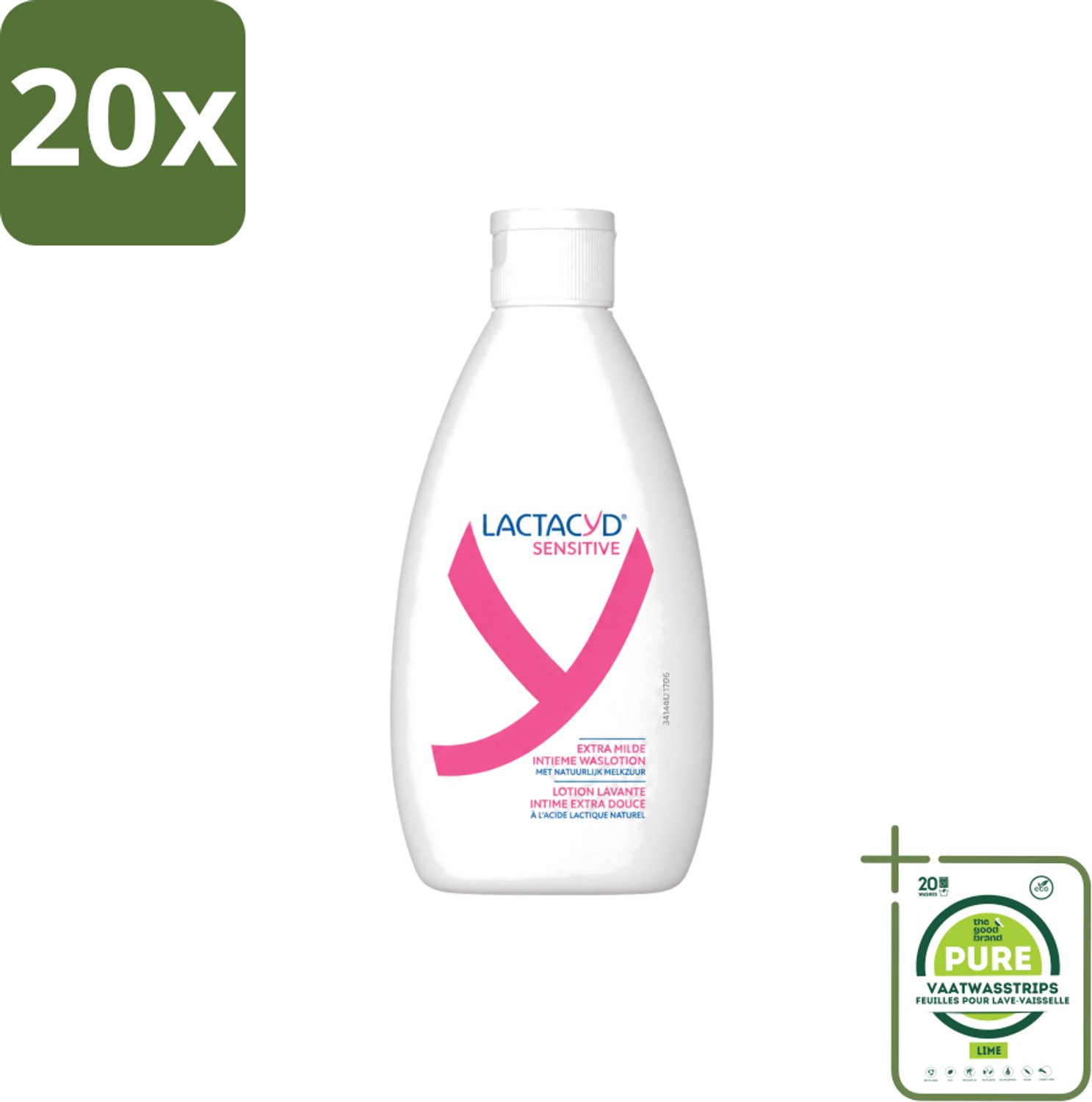 20 x Lactacyd Sensitive - Intieme Waslotion - Extra Gevoelig - Met Natuurlijk Melkzuur - 300 ml - Grootverpakking - Vaatwasstrips - Intieme Waslotion - Gevoelige Huid - Melkzuur - Katoenextract - Extra Milde Waslotion