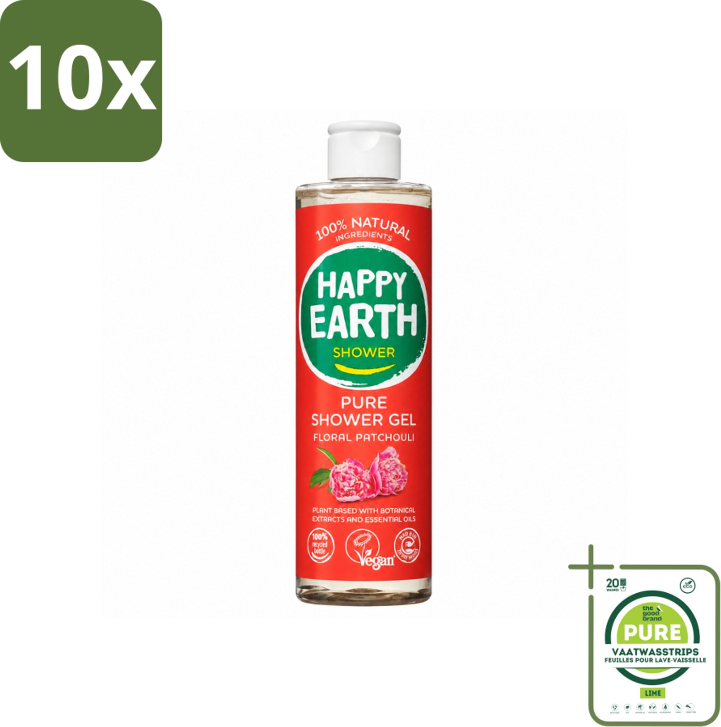 10 x Happy Earth – Douchegel – 100% Natuurlijk Floral Patchouli – 300 ml - Grootverpakking - Vaatwasstrips - Douchegel - Natuurlijke Douchegel - Vegan Douchegel - Patchouli Geur - Huid Verzorging