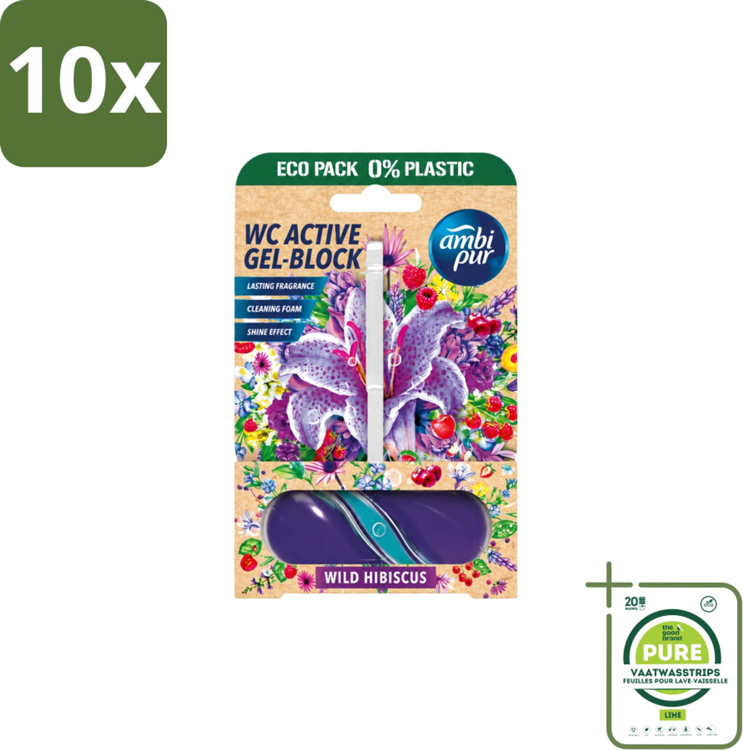 10 x Ambi Pur – Toiletblok – Wild Hibiscus – 45 g - Grootverpakking - Vaatwasstrips - Toiletblok - Fris Toilet - Geur Toilet - Kalkaanslag Voorkomen - Toilet Reinigen