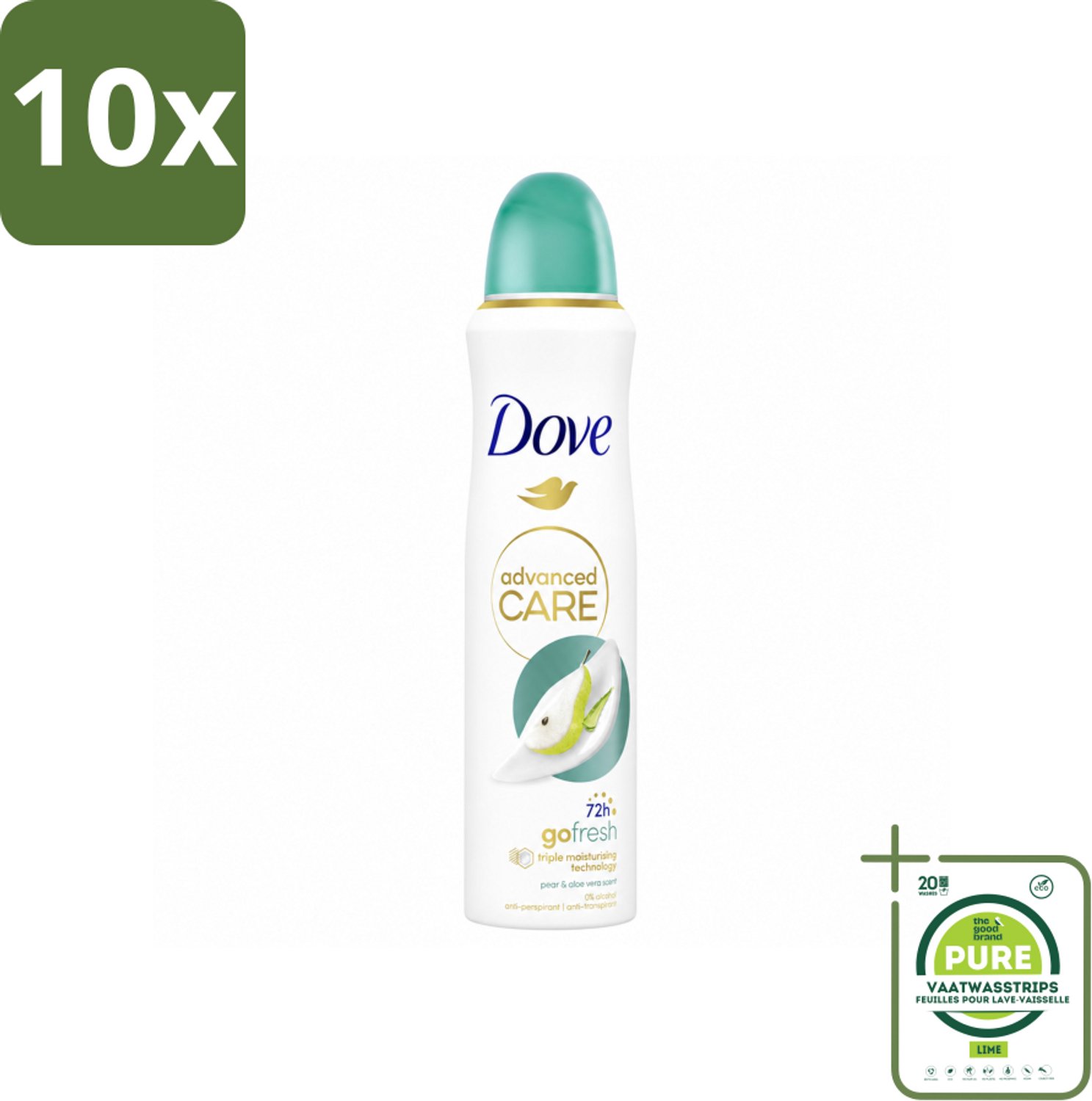 10 x Dove – Deodorant Spray – Peer & Aloe Vera – 150 ml - Grootverpakking - Vaatwasstrips - Anti-transpirant - Deodorant Spray - Zweetvermindering - Frisse Geur - Huidverzorging