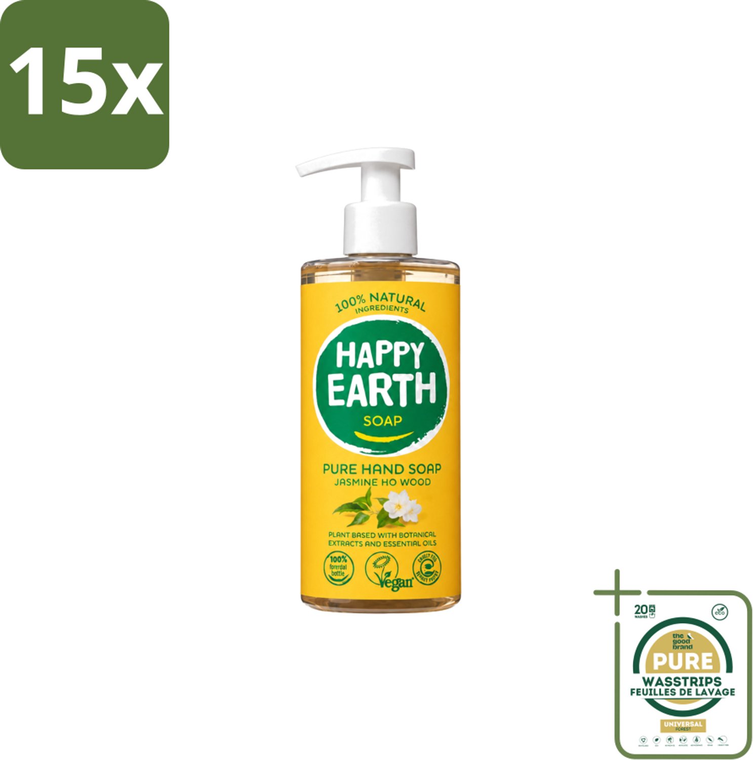 15 x Happy Earth – Handzeep – 100% Natuurlijk Jasmine Ho Wood – 300 ml - Wasstrips - Natuurlijke Handzeep - Vegan Handzeep - Jasmijn Handzeep - Ho Wood Handzeep - Antibacteriële Handzeep
