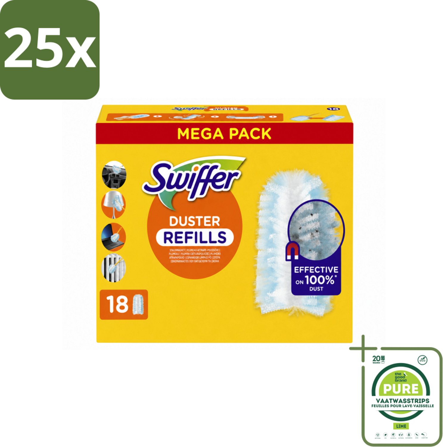 25 x Swiffer - Duster – Voor Stofwisser – 18 navullingen - Grootverpakking - Vaatwasstrips - Stofduster Navullingen - Stof Opvangen - Stofduster - Stof Opvangen Droog - Stofduster Handvat