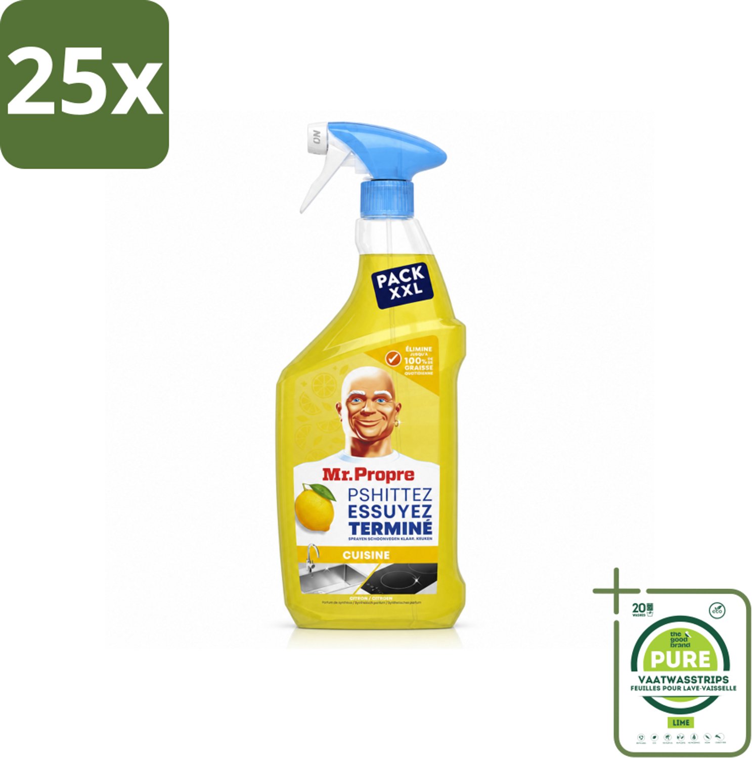 25 x Mr. Propre – Flash Reinheid Spray – Ontvetter & Allesreiniger – Lemon – 800 ml - Grootverpakking - Vaatwasstrips - Ontvetter - Allesreiniger - Citroen - Schone Glans - Streeploos