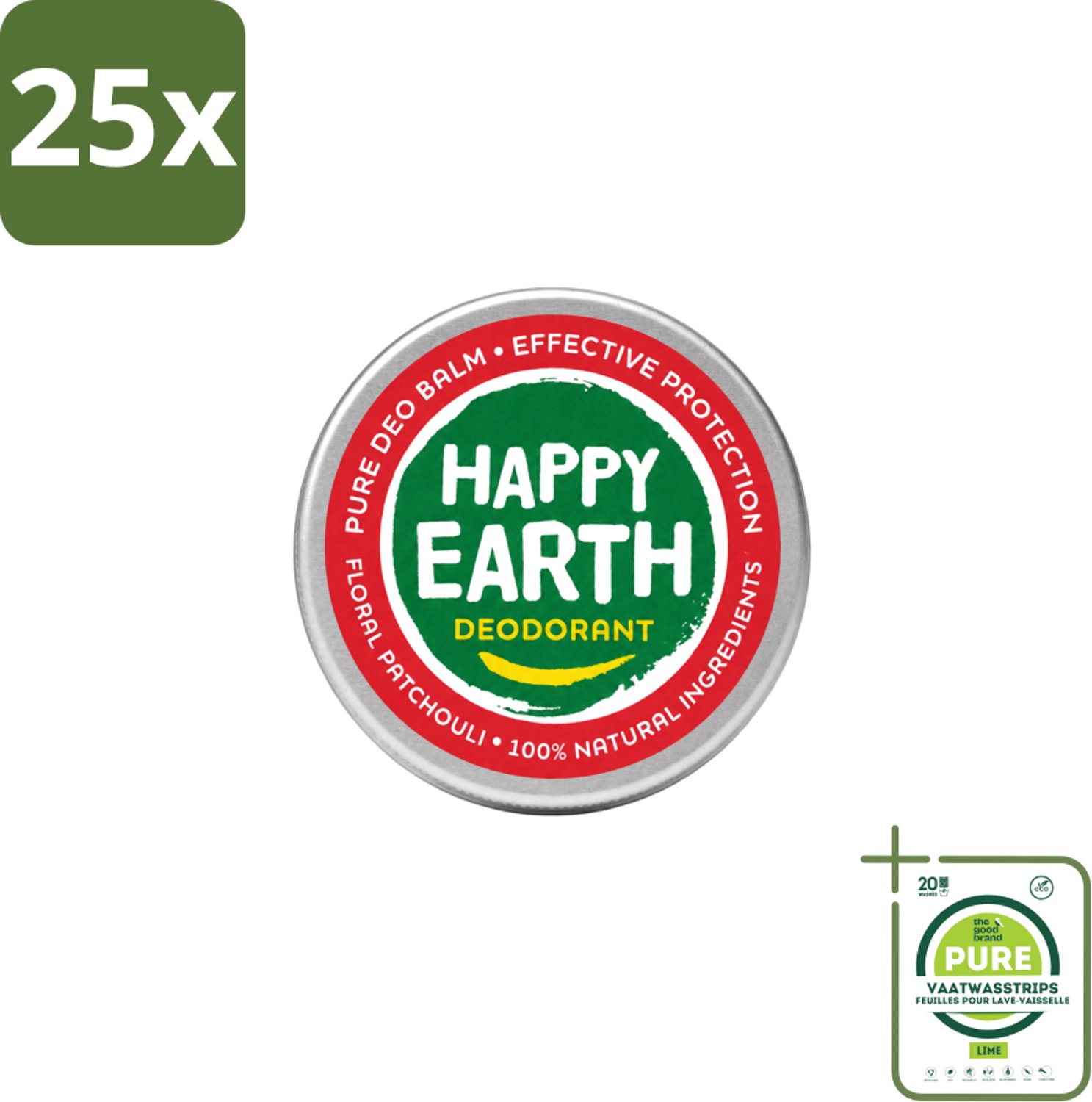 25 x Happy Earth – Deodorant Balm – 100% Natuurlijk Floral Patchouli – 45 g - Grootverpakking - Vaatwasstrips - Deodorant Balm - Natuurlijke Deodorant - Bloemige Geur - Patchouli - Huidvriendelijk