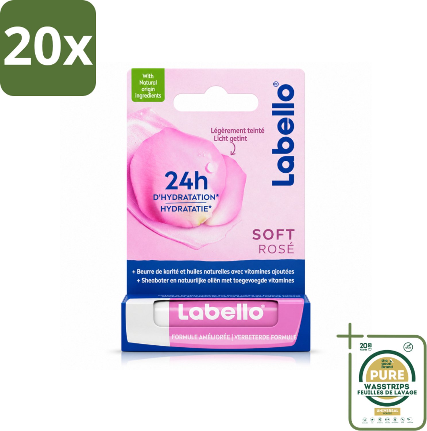 20 x Labello – Lippenbalsem – Soft Rosé – Lippenbalsem – 24H Hydratatie - Wasstrips - Lippenbalsem - Hydratatie - Roze Glans - Natuurlijke Lippen - Lippen Verzorging