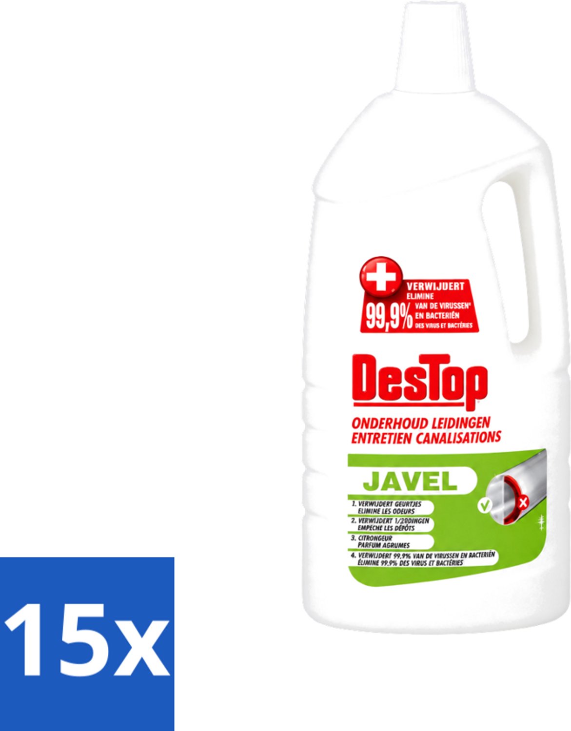 15 x DesTop - Onderhoud Leidingen - Javel - 4-in-1 Werking - Citroengeur - 1,5L - Voordeelverpakking - 15 stuks