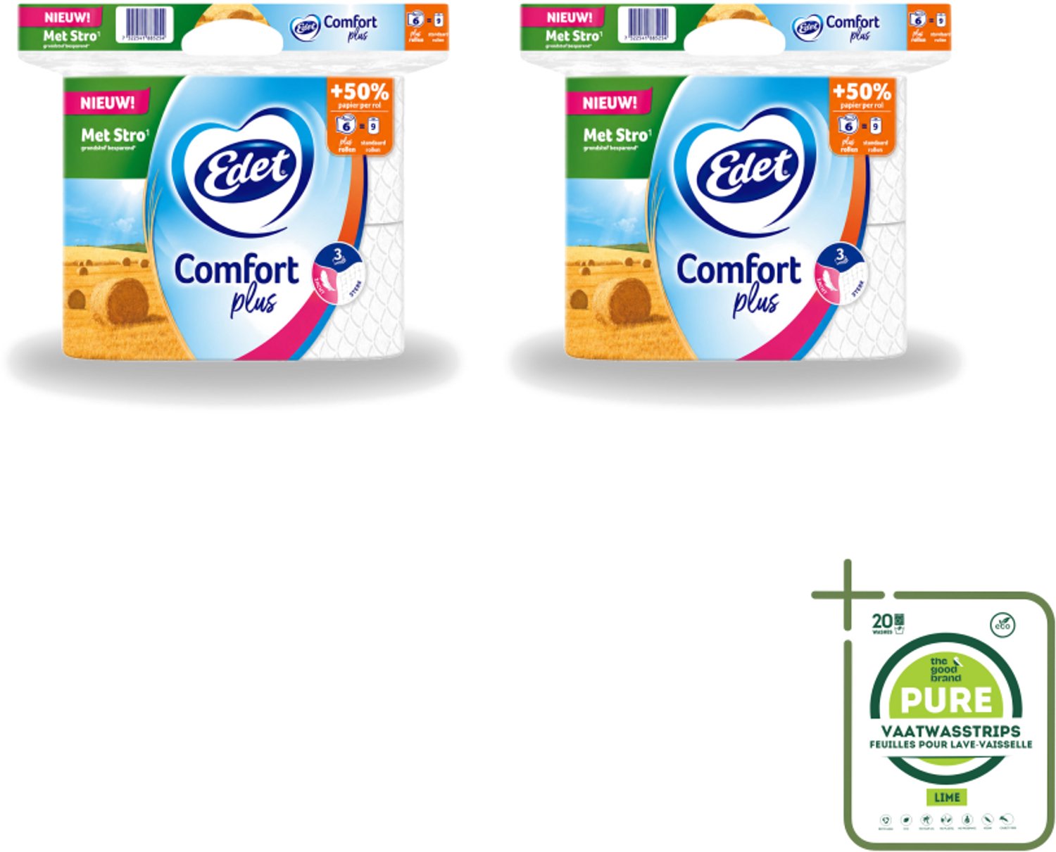2 x Edet – Toiletpapier – 3-Laags - Grootverpakking - Vaatwasstrips - Toiletpapier - Stro - Duurzaam Toiletpapier - Plusrol - Comfort Plus