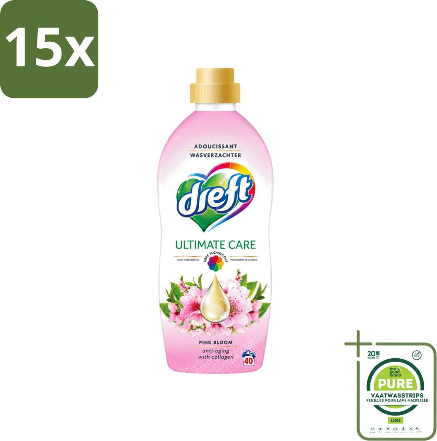 15 x Dreft - Ultimate Care - Wasverzachter - Roze Bloem - Anti-Veroudering - 40 Wasbeurten - Grootverpakking - Vaatwasstrips - Wasverzachter - Anti-aging - Kleurbescherming - Wasgoed Verzorging - Roze Bloem Geur
