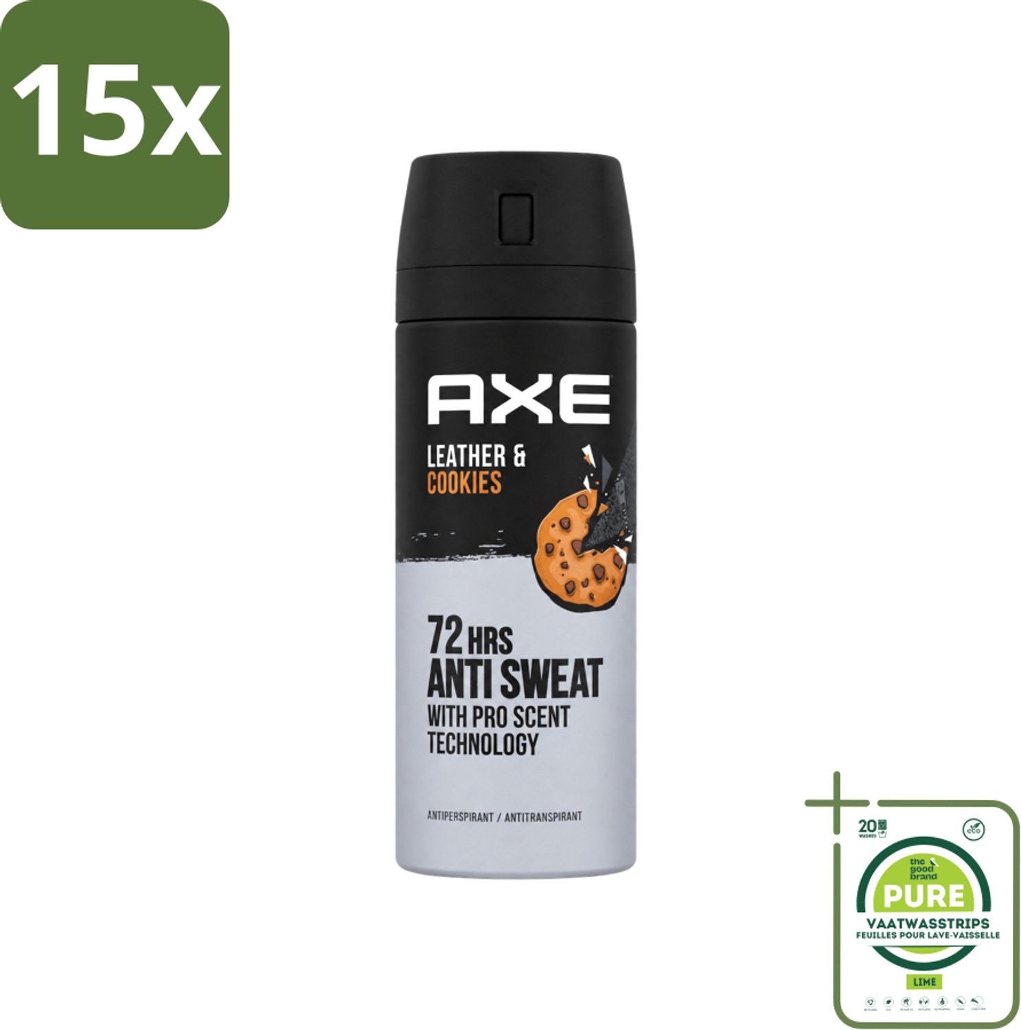 15 x Axe - Deodorant Spray - 72hrs Anti Sweat - Leather & Cookies - 150 ml - Grootverpakking - Vaatwasstrips - 72 Uur Anti Zweet - Deodorant Spray - Zweetbestendig - Leer En Koekjes Geur - Langdurige Frisheid