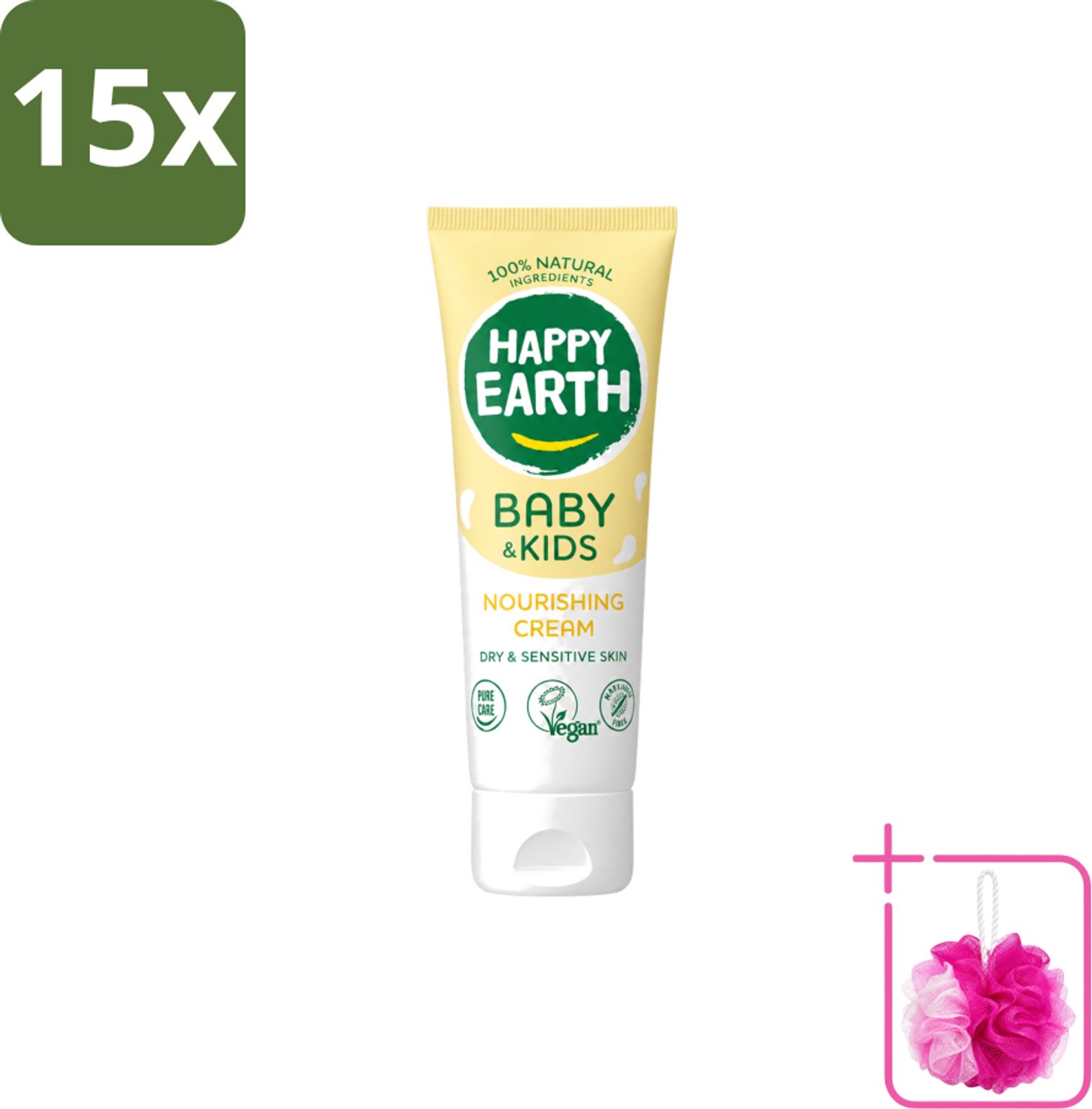 15 x Happy Earth – Nourishing Cream – 100% Natuurlijk Baby & Kids – 75 ml - Bulkverpakking - Natuurlijke crème - Douchemop - Gevoelige huid