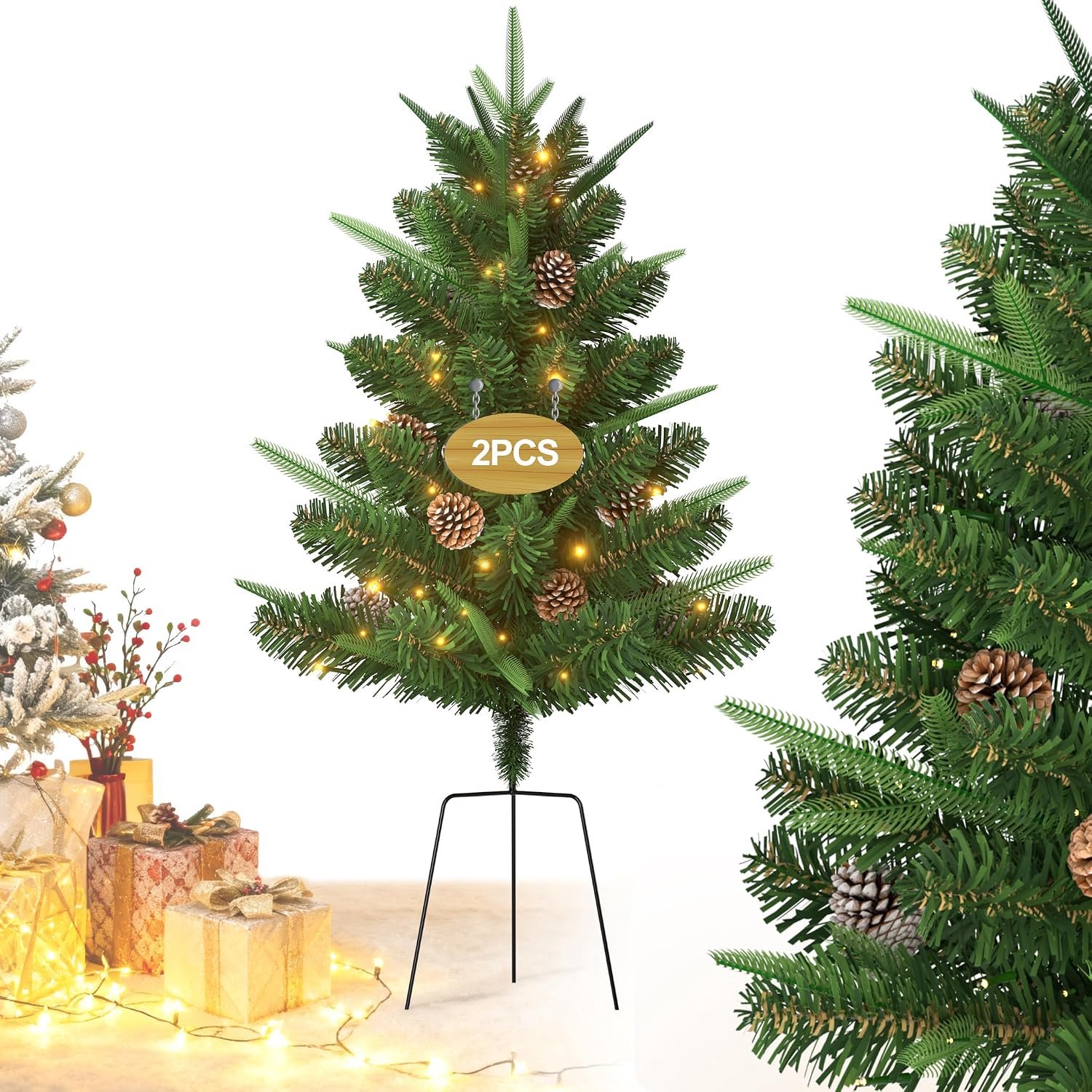 Bomen met paaldragers, 76 cm, met dennenappels en ledverlichting, kunststeker, dennenboom, 2 stuks, PE + pvc, kerstdecoratie
