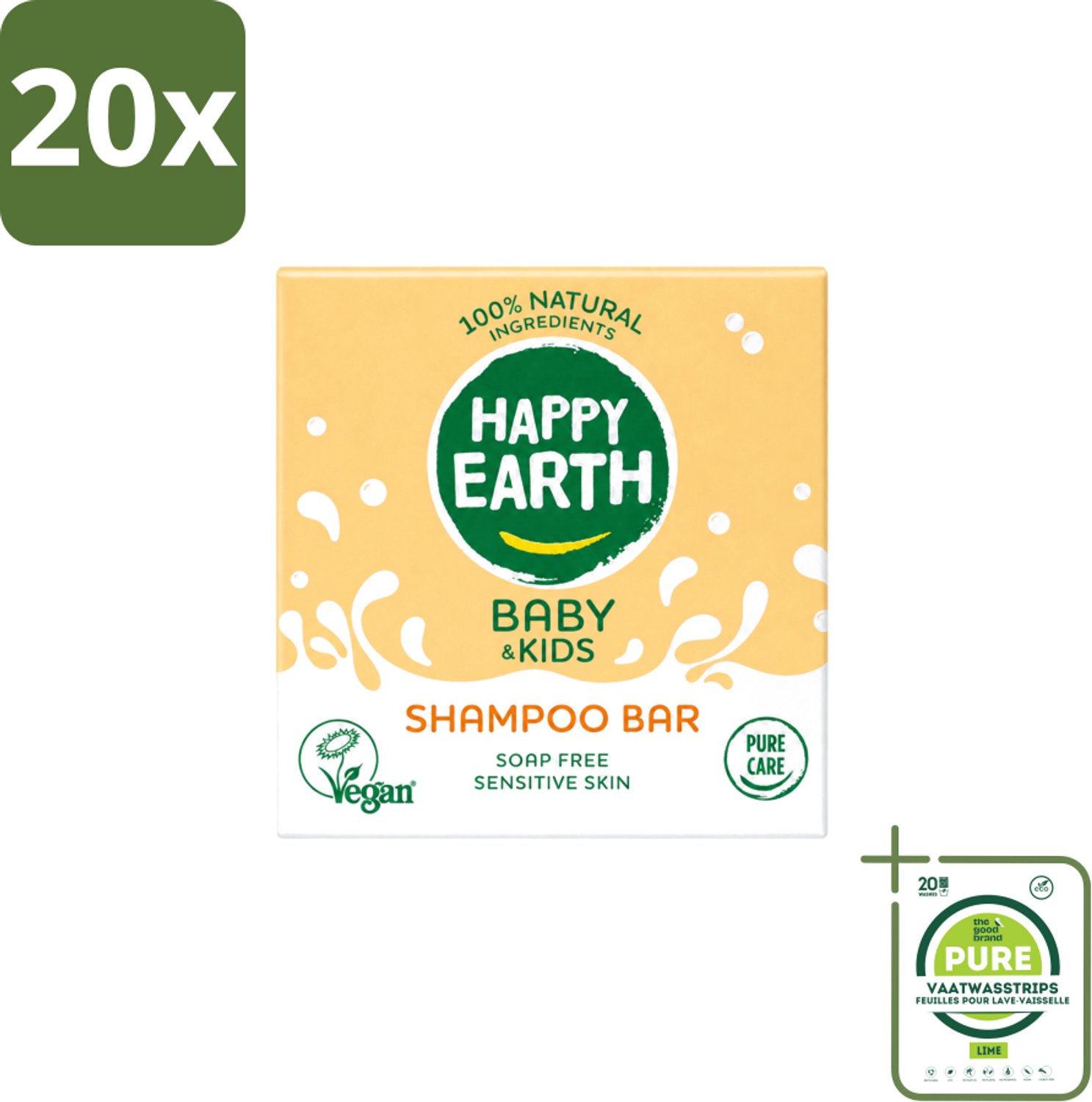 20 x Happy Earth – Shampoo Bar – 100% Natuurlijk Baby & Kids – 50 g - Grootverpakking - Vaatwasstrips - Baby Haar Verzorging - Kind Haar Shampoo - Natuurlijke Shampoo Bar - Zeepvrije Shampoo - Allergievrije Shampoo