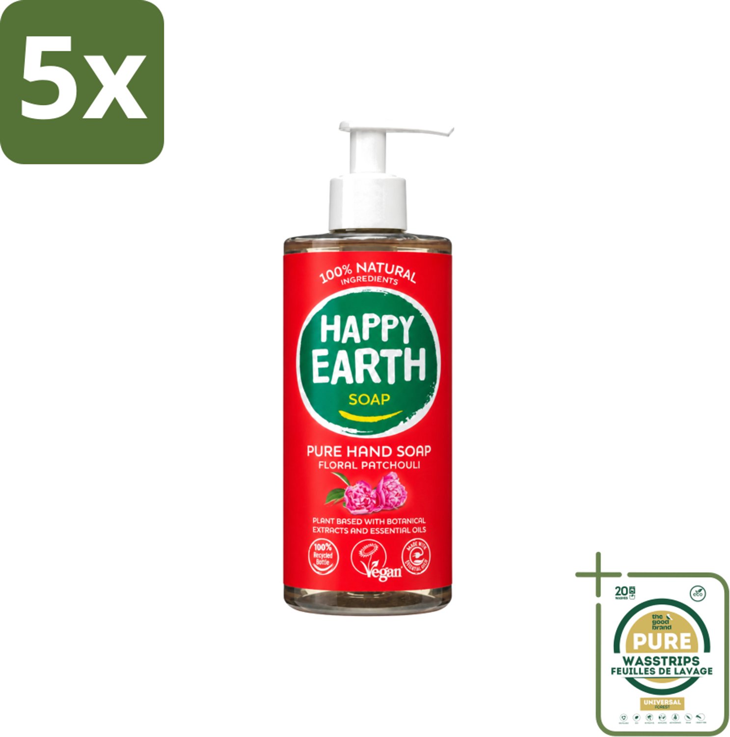 5 x Happy Earth – Handzeep – 100% Natuurlijk Floral Patchouli – 300 ml - Wasstrips - Handzeep - Natuurlijke Handzeep - Vegan Handzeep - Antibacterieel Handzeep - Patchouli Handzeep