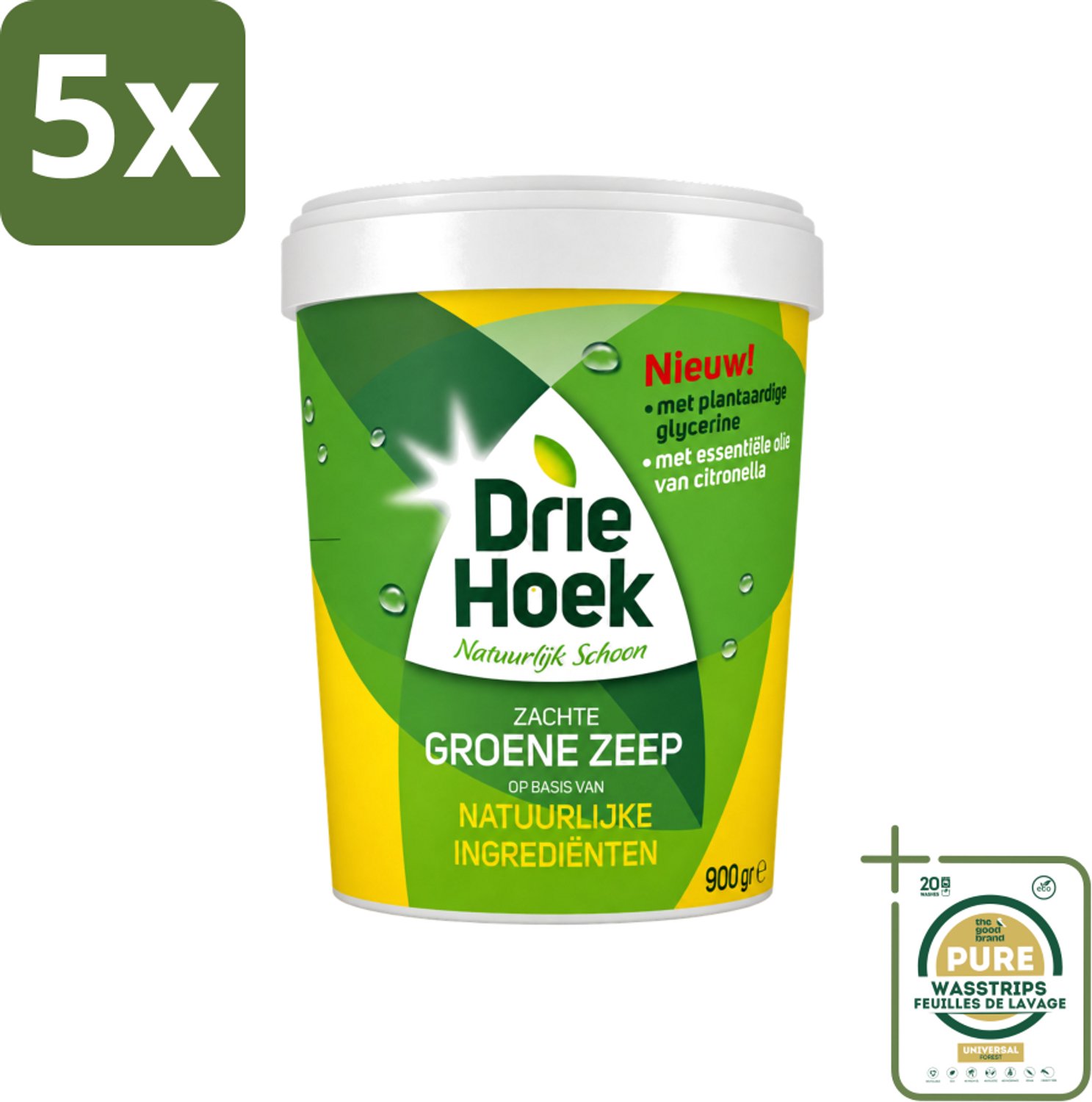 5 x Driehoek – Zachte Zeep – Groene Zeep – 900 gr - Wasstrips - Zachte Zeep - Natuurlijke Olie - Schoonmaken - Reinigen - Hout Reinigen