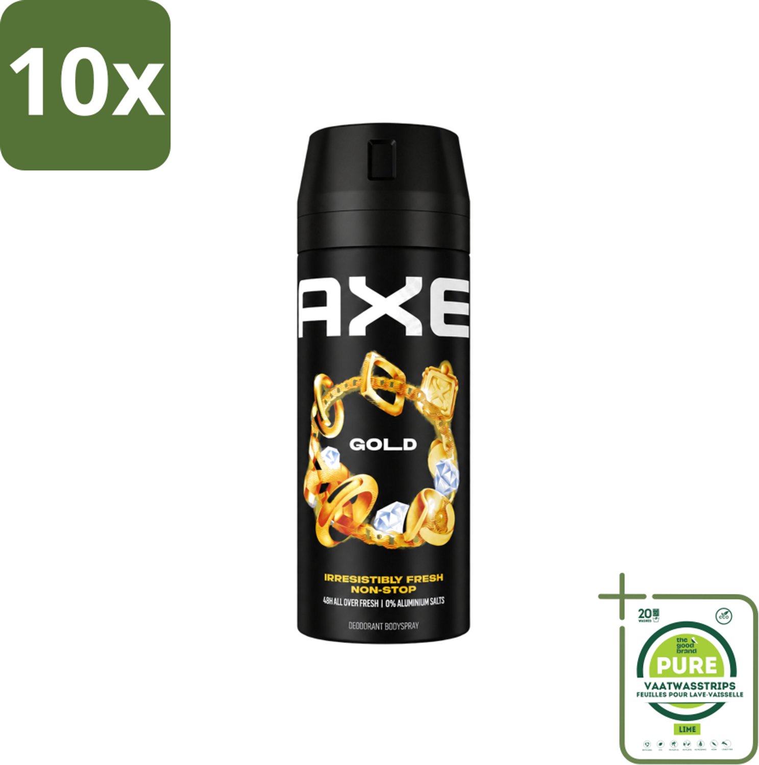 10 x Axe - Deodorant Bodyspray - 48hrs Fresh - Gold - Oud Wood & Fresh Vanilla - 150 ml - Grootverpakking - Vaatwasstrips - 48 Uur Geurbeleid - Deodorant Bodyspray - Oud Hout Geur - Donker Vanille - Geurbestrijdende Zinktechnologie