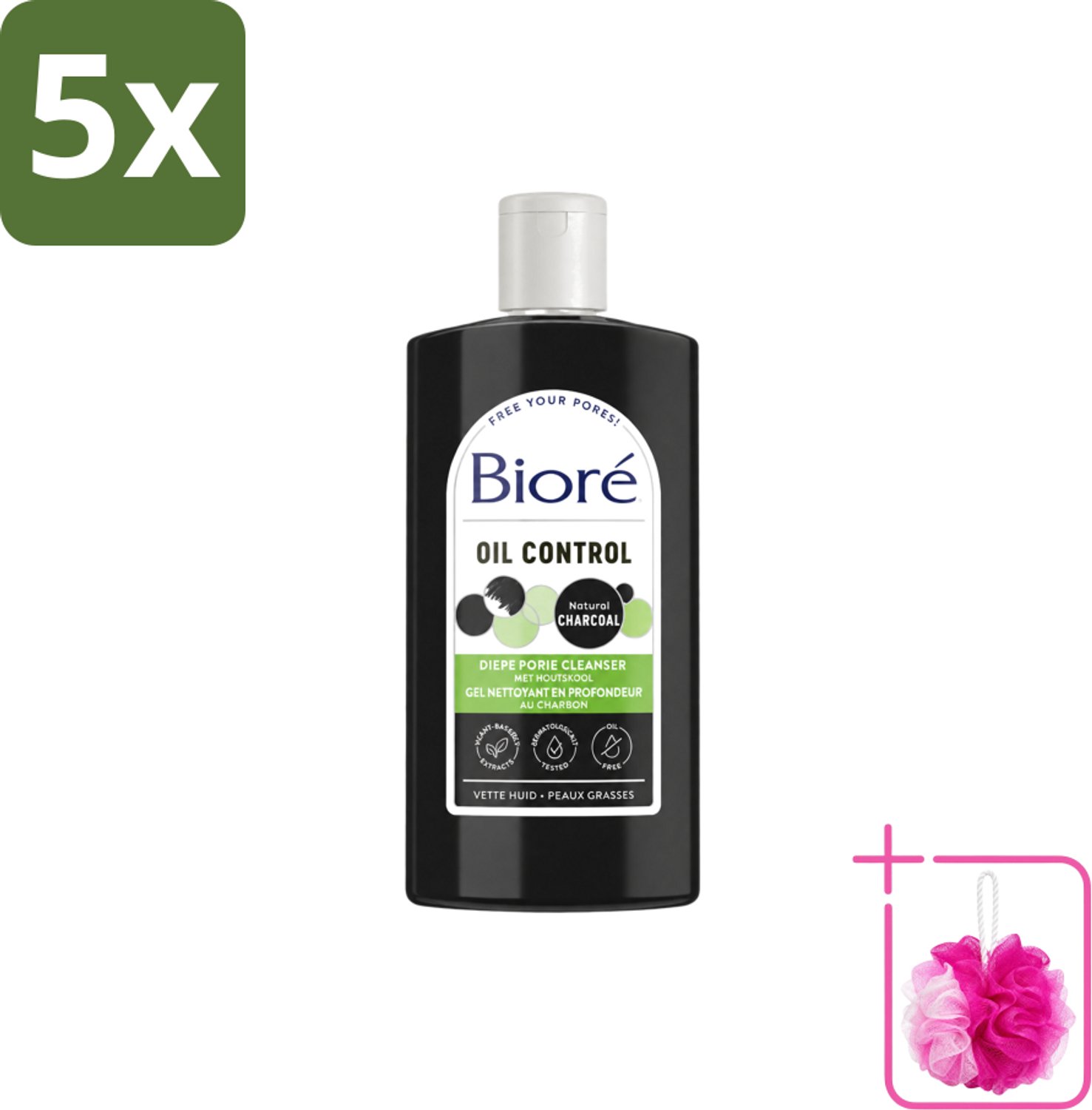 5 x Bioré – Houtskool Reinigingsgel – Gezichtsreiniger – 200 ml - Bulkverpakking - Gezichtsreiniger - Douchemop - Houtskool