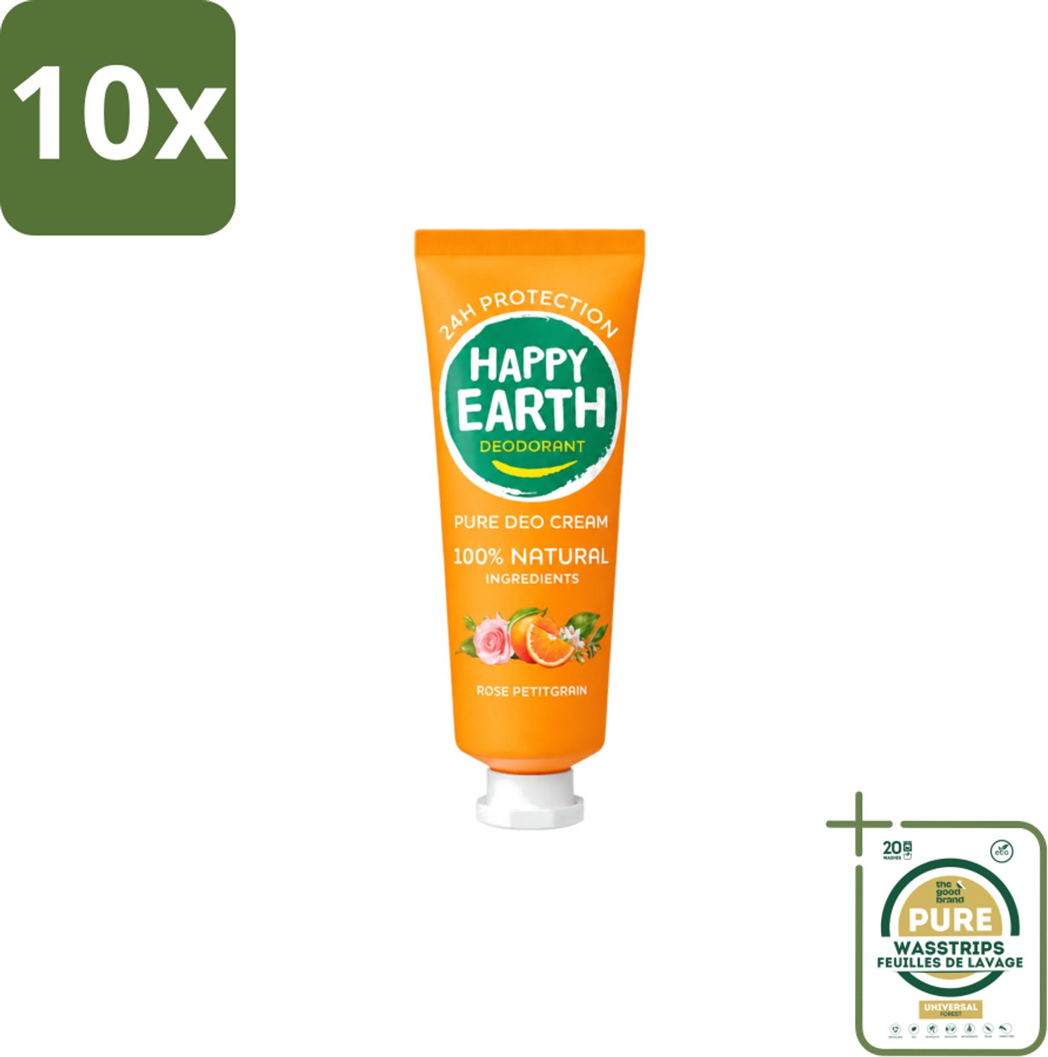10 x Happy Earth – Deodorant Cream – 100% Natuurlijk Rose Petitgrain – 40 ml - Wasstrips - 100% Natuurlijk Deodorant - Fris Geur - Bloemige Geur - Deodorant Crème - Anti-irritatie